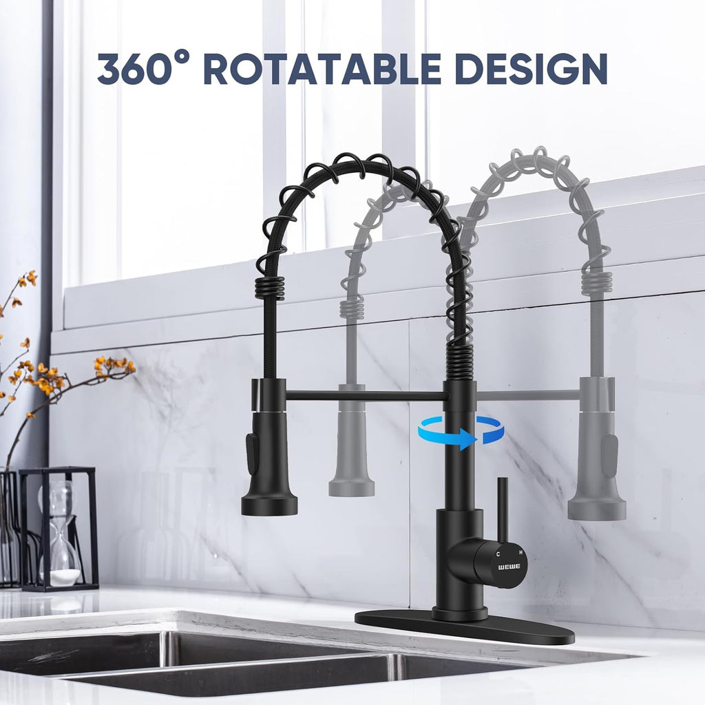 Pull-Down Kitchen Faucet, 2-Mode Sprayer, Matte Black, High Arc | 17-Inch Height, 360 Swivel, Deck Plate, SUS304, Fits 1- or 3-Hole Sinks, Ceramic Cartridge, Easy-Clean Nozzles