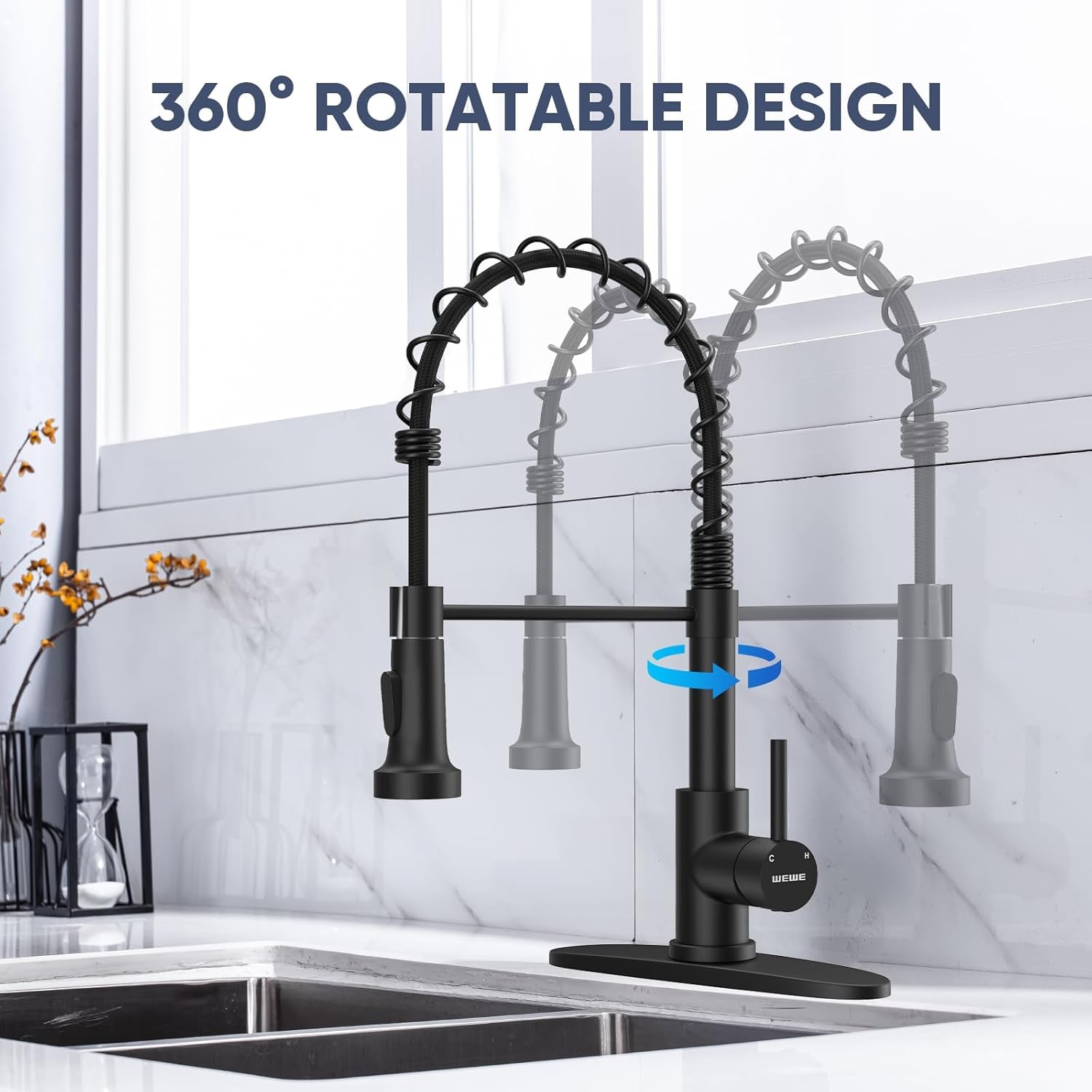 Pull-Down Kitchen Faucet, 2-Mode Sprayer, Matte Black, High Arc | 17-Inch Height, 360 Swivel, Deck Plate, SUS304, Fits 1- or 3-Hole Sinks, Ceramic Cartridge, Easy-Clean Nozzles