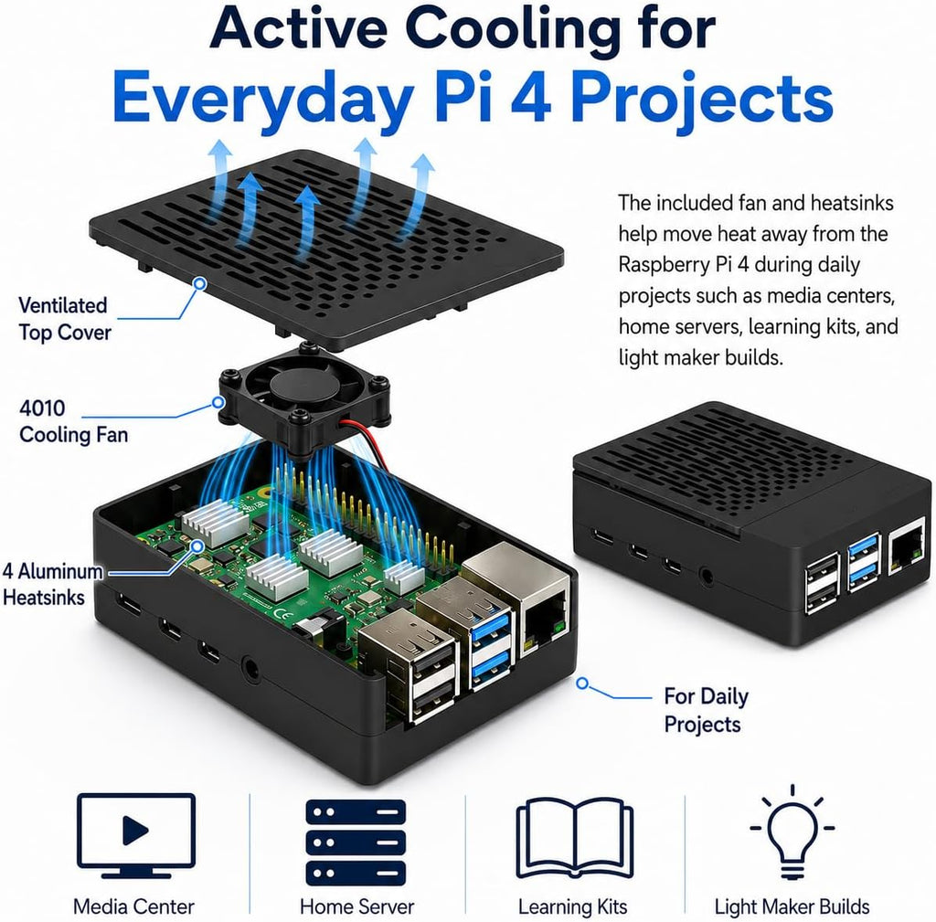 Case for Raspberry Pi 4, ABS Pi 4 Case with Cooling Fan, Pi 4 Heatsink, Simple Removable Top Cover for Pi 4 Model B/ 4B
