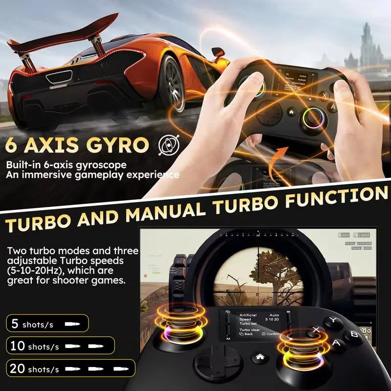 Wireless Interactive Screen Game Controller Compatible with for PC, PS4, Switch, Android, and Ios Devices, Featuring 4 Programmable Buttons, Rapid Fire Function, Six-Axis Gyroscope, Dual Vibration Feedback, and RGB Lighting