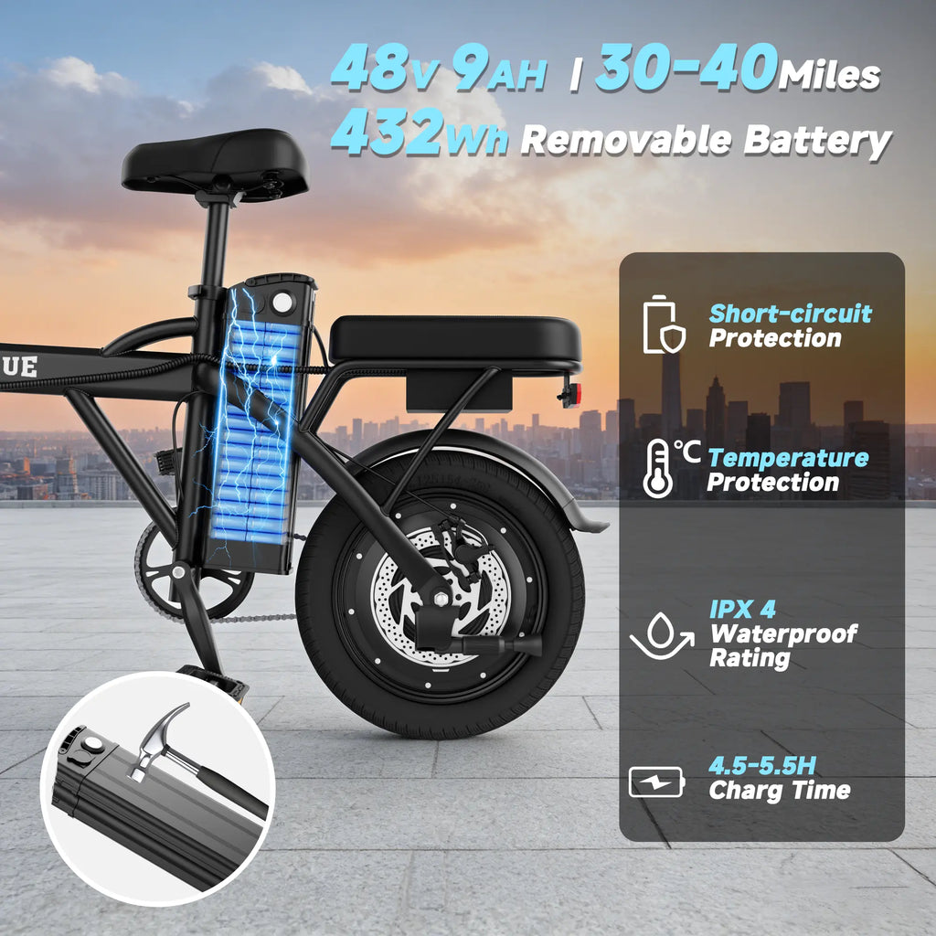 【Voltvogue-Ladped】 Electric Bike | 750W Peak Power | Top Speed 22 MPH | 14" Pneumatic Tires | 22–40 Mile Range | Dual Seat | Single Brake Lever | Height Adjustable Seat【 VT14】