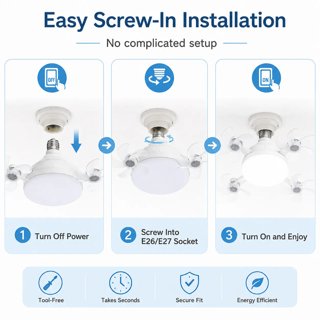 Screw in Ceiling Fan Light with Remote Control 19.7 Inch Foldable LED Socket Fan Light E26 Medium Base Ceiling Fan with 4 Fan Blades Quiet Airflow Bright Lighting Easy Installation for Bedroom Kitchen Garage Office and Dorm