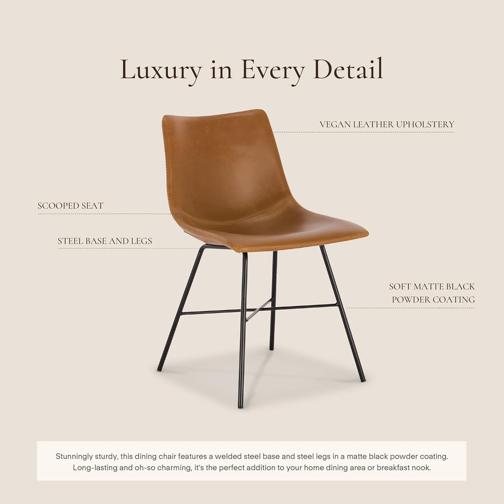 POLY & BARK Paxton Leather Dining Chairs – Set of 2 Modern Dining Room Chairs with Low Back – Faux Leather Upholstery and Matte Black Steel Base – Comfortable Seating for Stylish Interiors – Tan