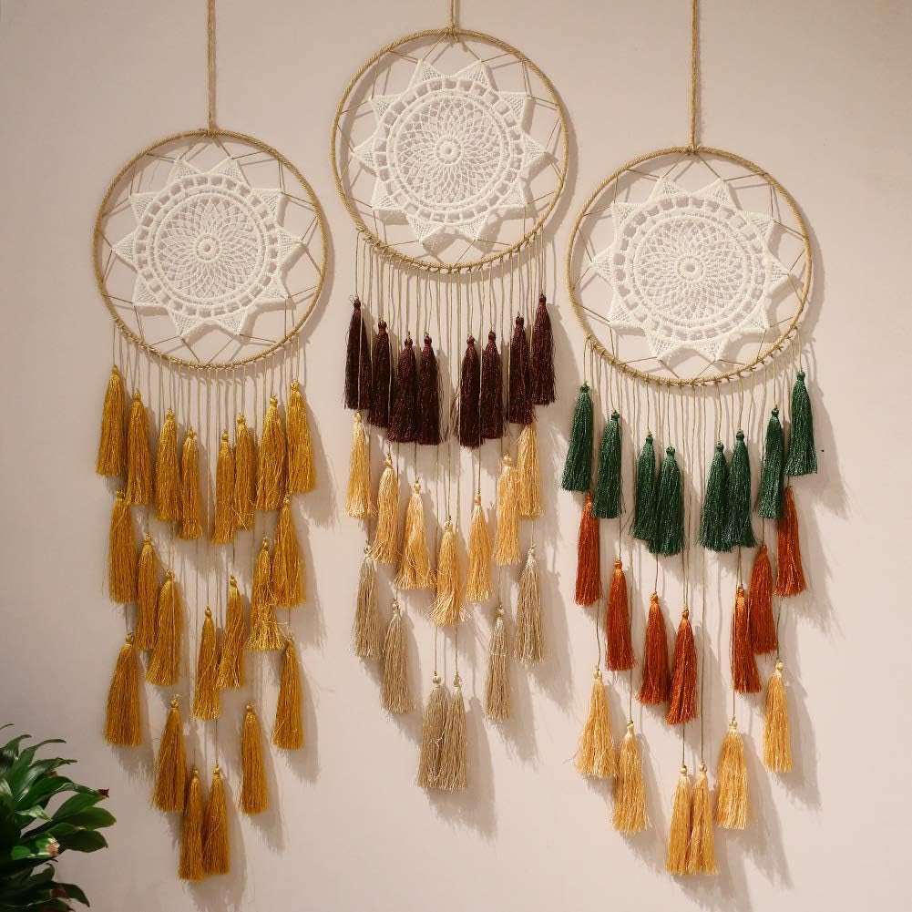 Macrame Dream Catcher Wall Hanging, Large Boho Room Decor | Handmade Tassel Feather Ornament, Natural Cotton, Modern Chic Living Room Nursery Art Decor, Blessing Gift for Women Girls