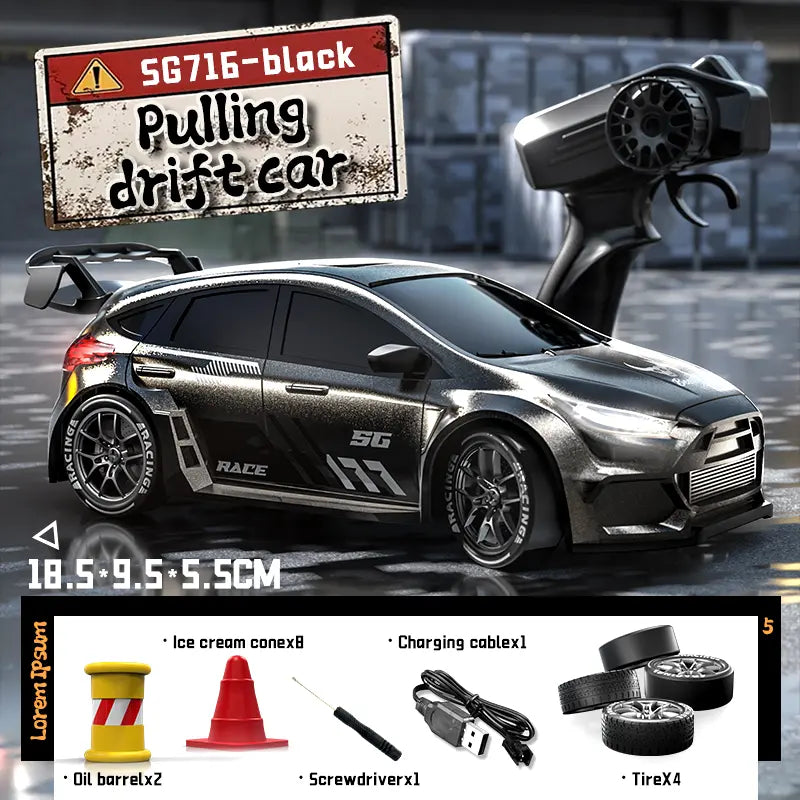 SG716 Unisex 2.4Ghz 4WD RC Controlled Drift Car Toy - Adjustable Speed, LED Lights, Extra Tires, Obstacle Accessories, Built-In Batteries, Nitrosamine Free - RC Hobby Gift for 3-4 Years Old Kids