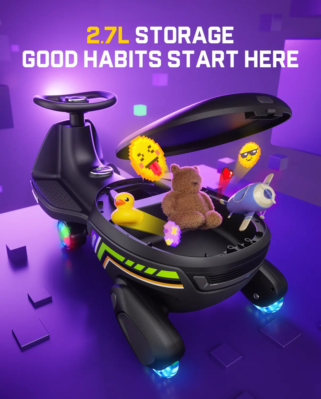 Fanttikride N10 Ultra+ Electric Wiggle Car, Pixel Headlight, App Control, Ultra-Quiet, USB-C Charging, Max 5 Mph, Kids Car with Bluetooth, Anti-Rollover, Pixdrive, for Ages 3+, 150 Lbs, Unisex, 12 Months, 360-Degree Flexible Steering Wheel