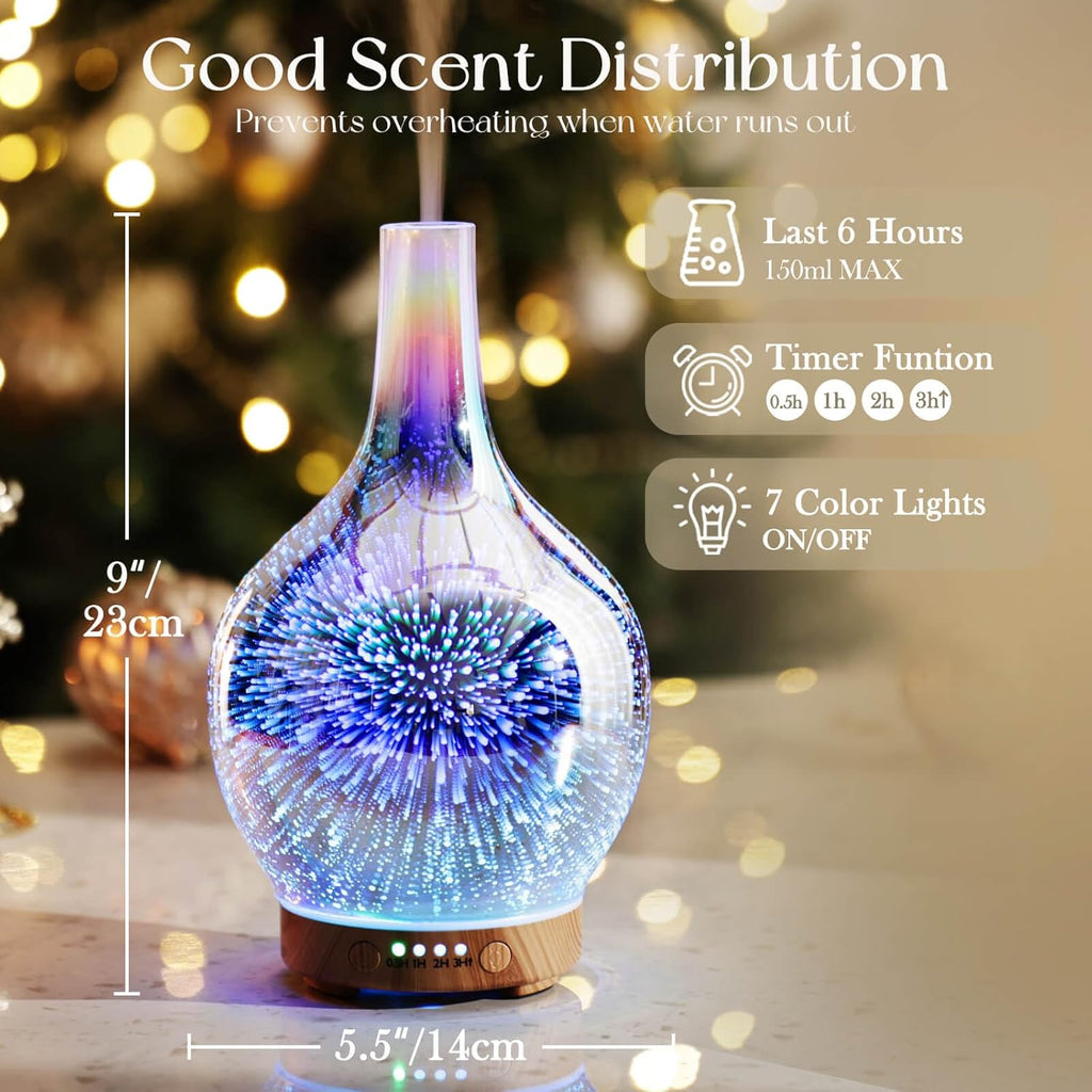 150Ml Handmade Essential Oil Diffuser 6H Runtime | Handmade Glass Aroma Diffuser, 7-Color LED Light, Quiet Operation, Auto Shut-Off, Aromatherapy for Home, Bedroom and Gifts