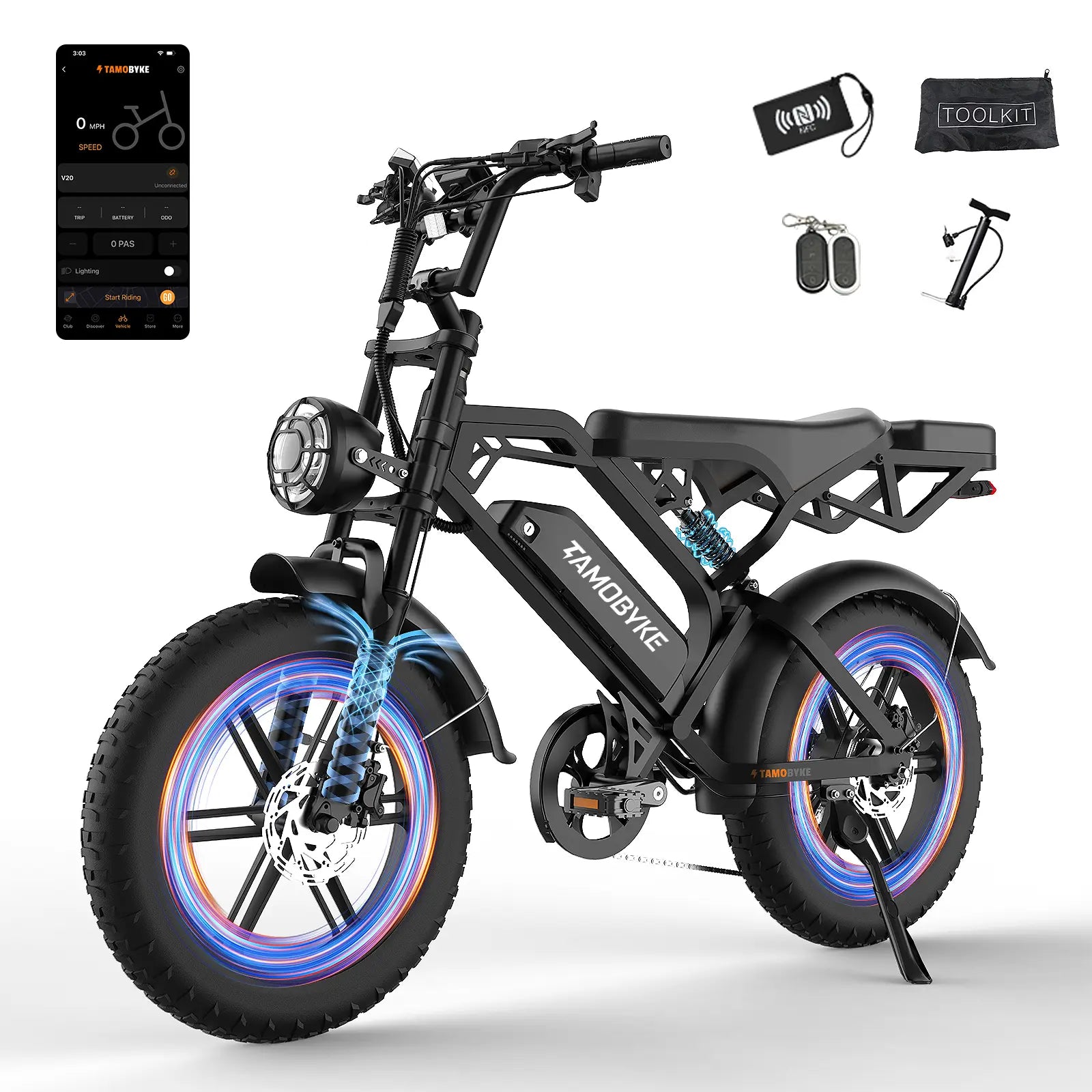 【NEW】TAMOBYKE Moped Style 1500W/2000W E-Bike,Max Speed 30Mph/34Mph,34-80Miles PAS Range,48V15.6Ah/20.8Ah Battery,Built-In Alarm,Color LCD Display, Support Cruise Control, Setting Speed Limit, NFC & Password Unlock, 20'' Fat Tire，Ul Safety Certified.