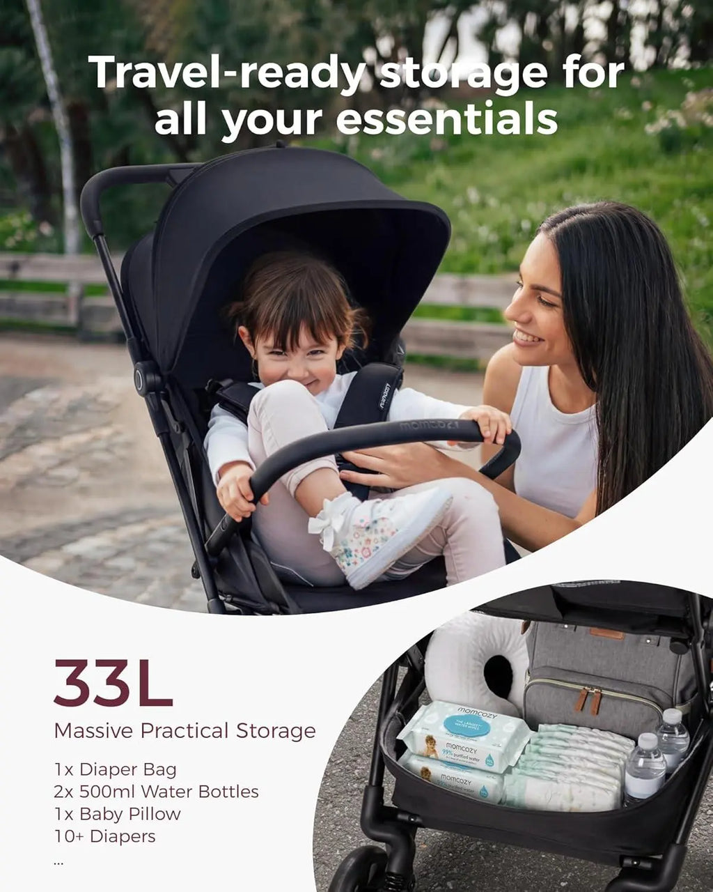 Momcozy Tuckgo Lightweight Travel Stroller, One Click Fold for Toddlers 6M-3Y, 33L Bottom Storage, Compact Easier Air Travel, Travel Bag Included, 3-Position Recline, UPF 50+ Canopy, 5-Point Harness