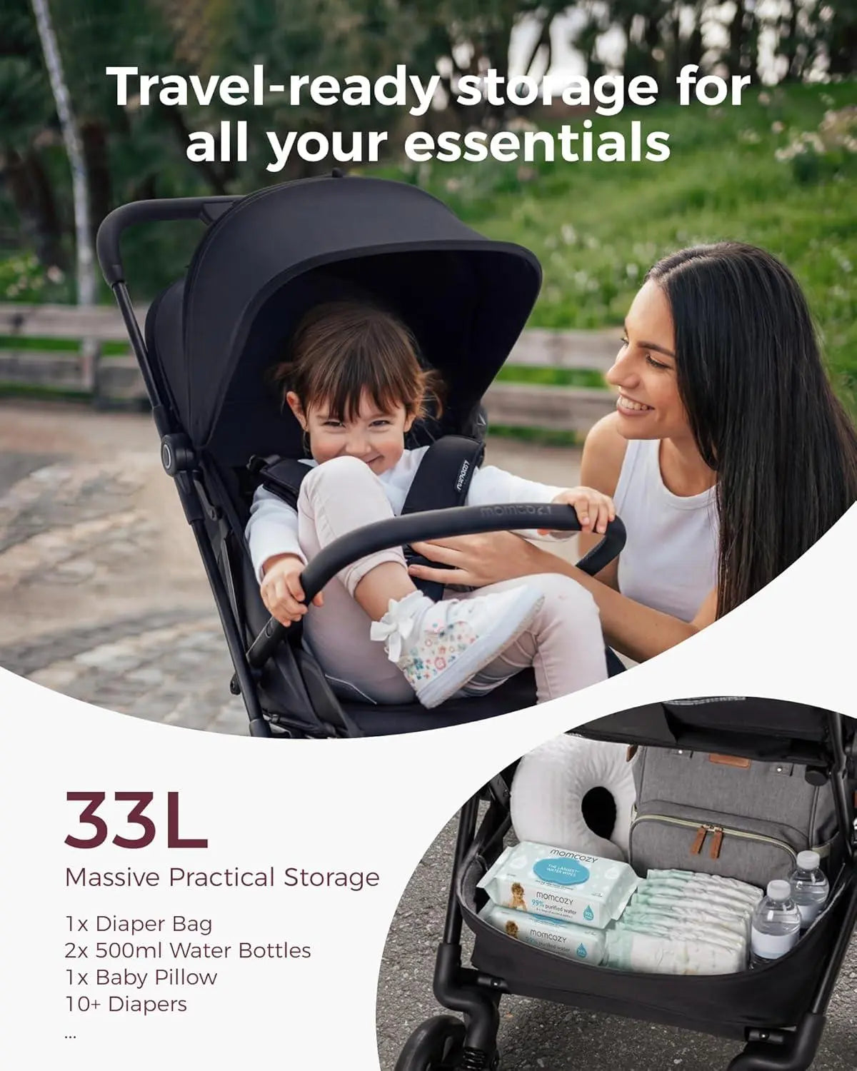 Momcozy Tuckgo Lightweight Travel Stroller, One Click Fold for Toddlers 6M-3Y, 33L Bottom Storage, Compact Easier Air Travel, Travel Bag Included, 3-Position Recline, UPF 50+ Canopy, 5-Point Harness