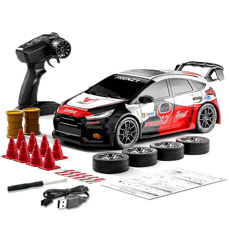 SG716 Unisex 2.4Ghz 4WD RC Controlled Drift Car Toy - Adjustable Speed, LED Lights, Extra Tires, Obstacle Accessories, Built-In Batteries, Nitrosamine Free - RC Hobby Gift for 3-4 Years Old Kids