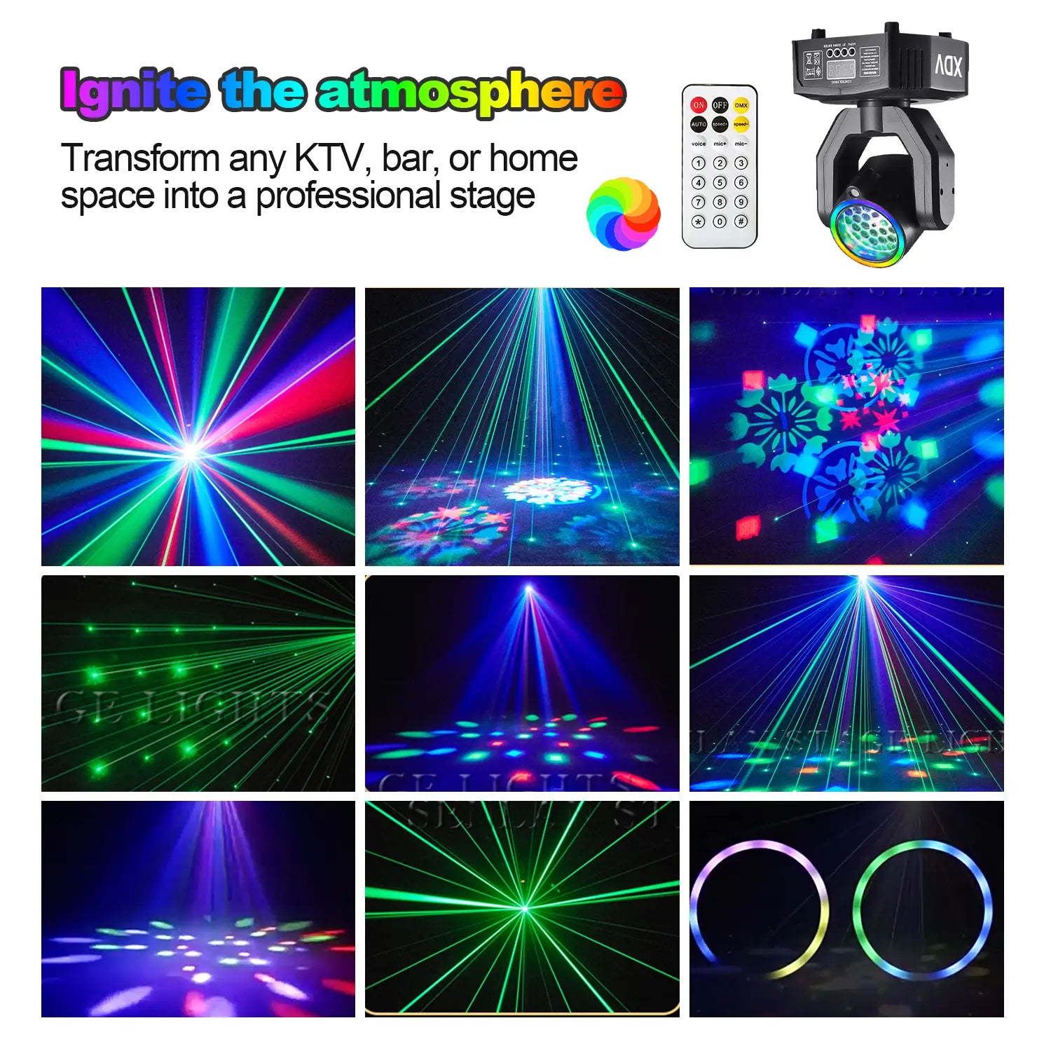 XDV 32W Mini Moving Head Light, 3-In-1 RGBW Bee Eye DJ Stage Lights with Green Laser & Halo Effect, Sound Activated DMX Control for Party Disco Wedding Ktv，Halloween Party