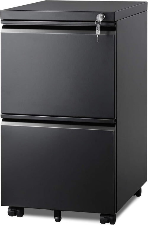 2 Drawer Metal File Cabinet, Fully Assembled Filing Cabinet | under Desk Mobile File Cabinet with Lock for Home Office, Fits Letter/Legal/A4 Size Files, Black