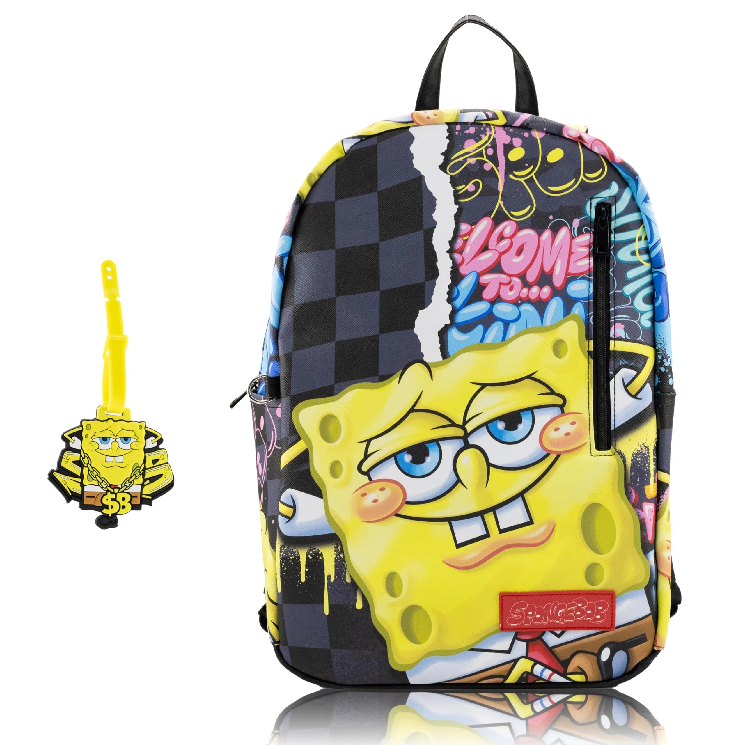Fast Forward Stitch, Hello Kitty, Spongebob, and Miles Morales Backpack with Rubber Luggage Tag for Teens, Kawaii Backpack Pink Backpack, Backpacks for School, Cute Backpacks for School