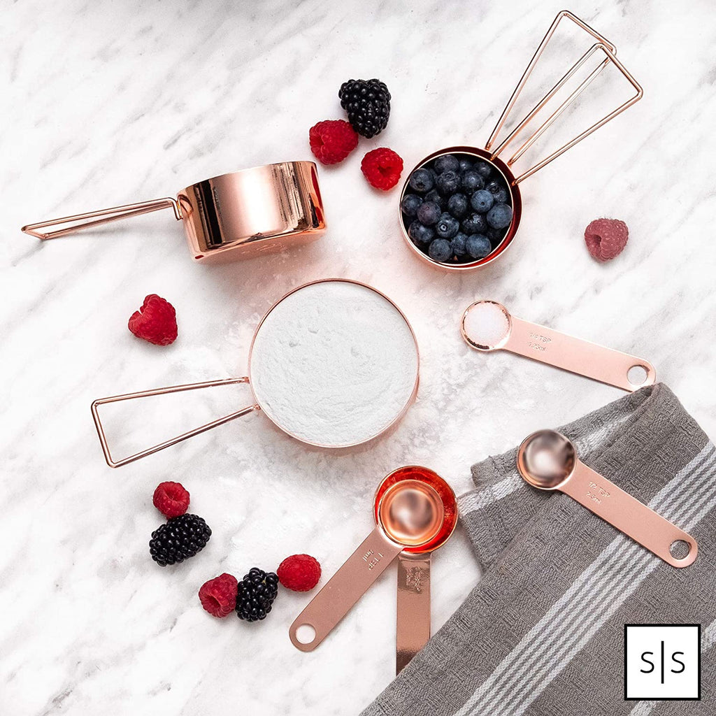 Copper Measuring Cups and Spoons Set, 8-Piece | Stainless Steel, Copper, 8-Piece Stackable Stainless Steel Metal Measuring Utensils, Copper / Rose Gold Kitchen Accessories