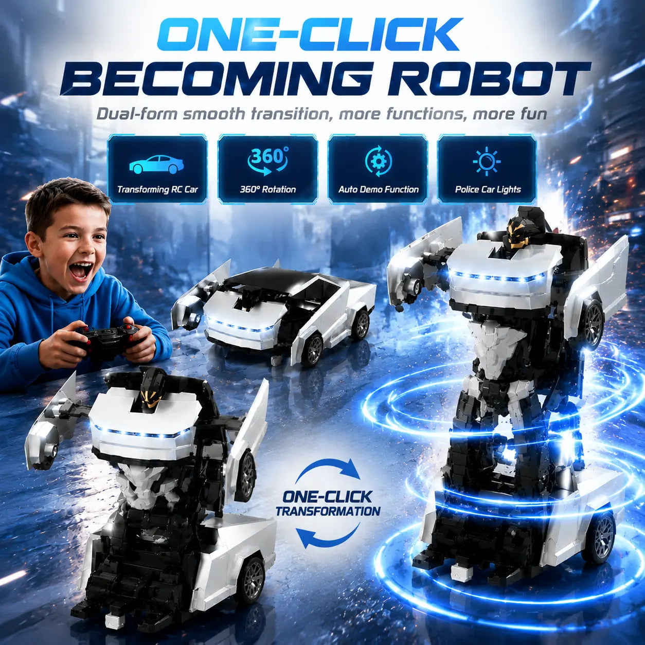 Cyber RC Transforming Car Toy, 4WD Drift Remote Control Truck with One-Button Automatic Transformation, 360° Spin & LED Lights, Futuristic Robot Vehicle Gift for Kids Tibibee Transform Easter Gift Set 4-7 8-12 High-Quality Ab Plastic Crawlers