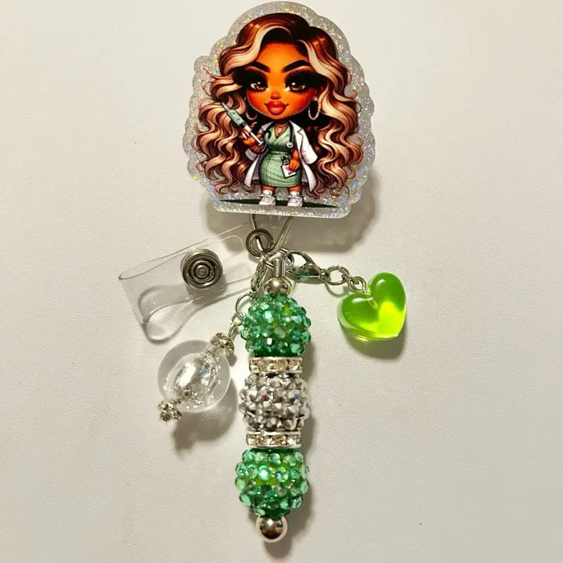 Charmed- Cute Trendy Retractable Badge Reel with Alligator Clip and Colorful Beads. Charms May Vary from Photo but Will Match Colors in Acrylic Piece.