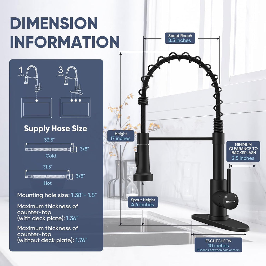 Pull-Down Kitchen Faucet, 2-Mode Sprayer, Matte Black, High Arc | 17-Inch Height, 360 Swivel, Deck Plate, SUS304, Fits 1- or 3-Hole Sinks, Ceramic Cartridge, Easy-Clean Nozzles