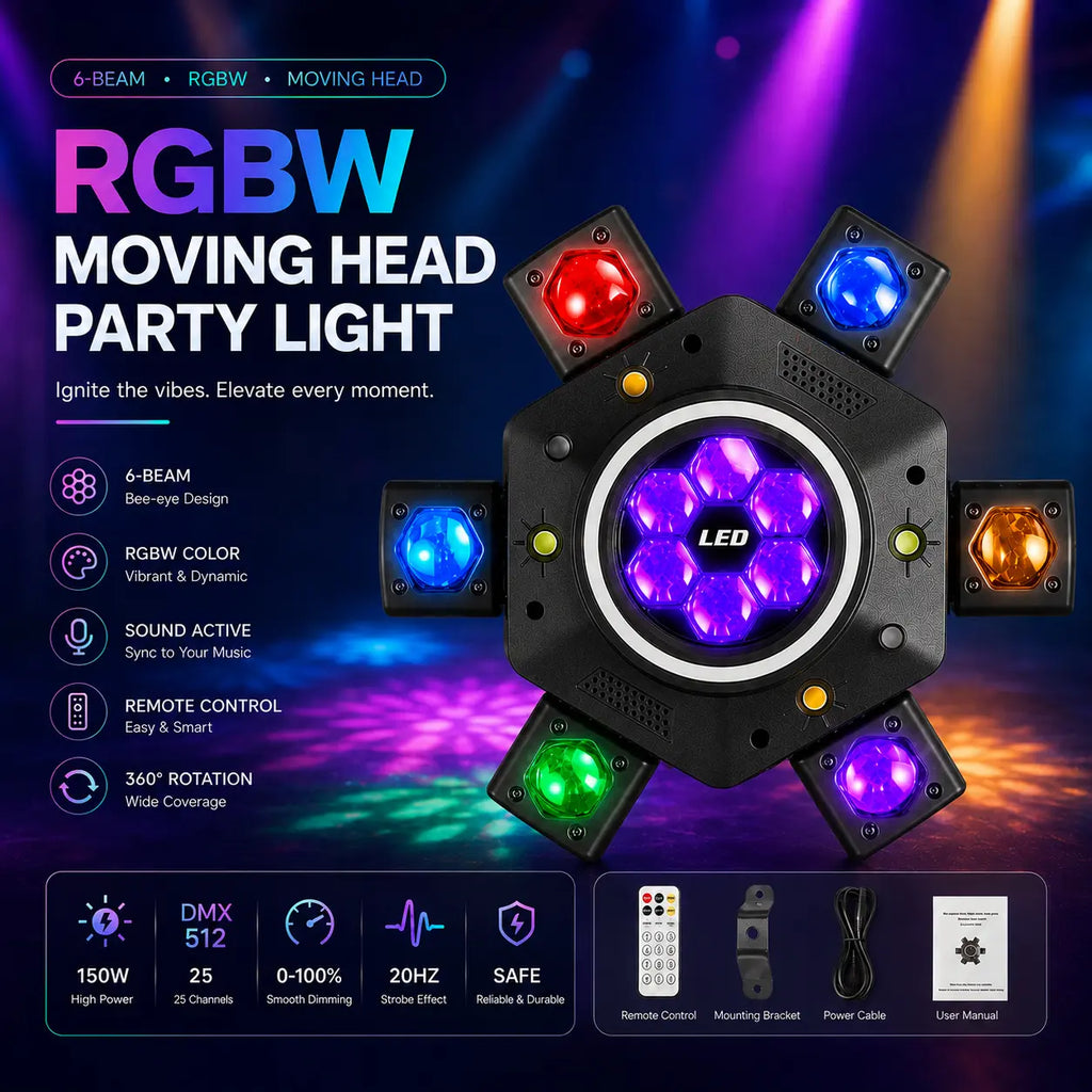 [NEW] XDV 6-Eye 6-Arm 150W RGBW Moving Head Party Light - Sound-Active DJ Light with Red, Green Laser, White, Gold Strobe, Remote Control for Home Parties, Birthdays, Holidays,Halloween Day