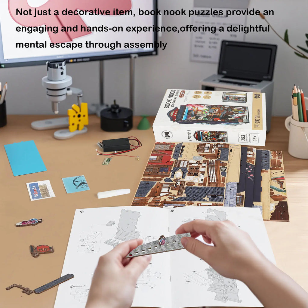 Edo Sakura Journey 3D Wooden Book Nook DIY Kit with LED Lights, High-Quality Pre-Cut Wooden Pieces, Cherry Blossom Bookshelf Insert & Bookend Decoration, Japanese-Inspired House Decor, Collectible for 12+ Years, Birthday Gift (Requires Batteries)