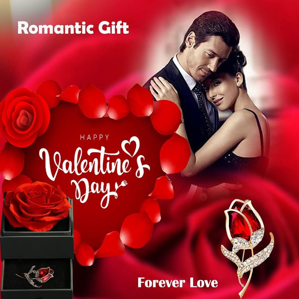 Preserved Red Rose Gift Box- Enchanted Real Roses with Ruby Brooch, Eternal Rose Flower in Jewelry Box, Handmade Rose,Forever Red Rose Gift for Her on Christmas Mother'S Day, Anniversary.