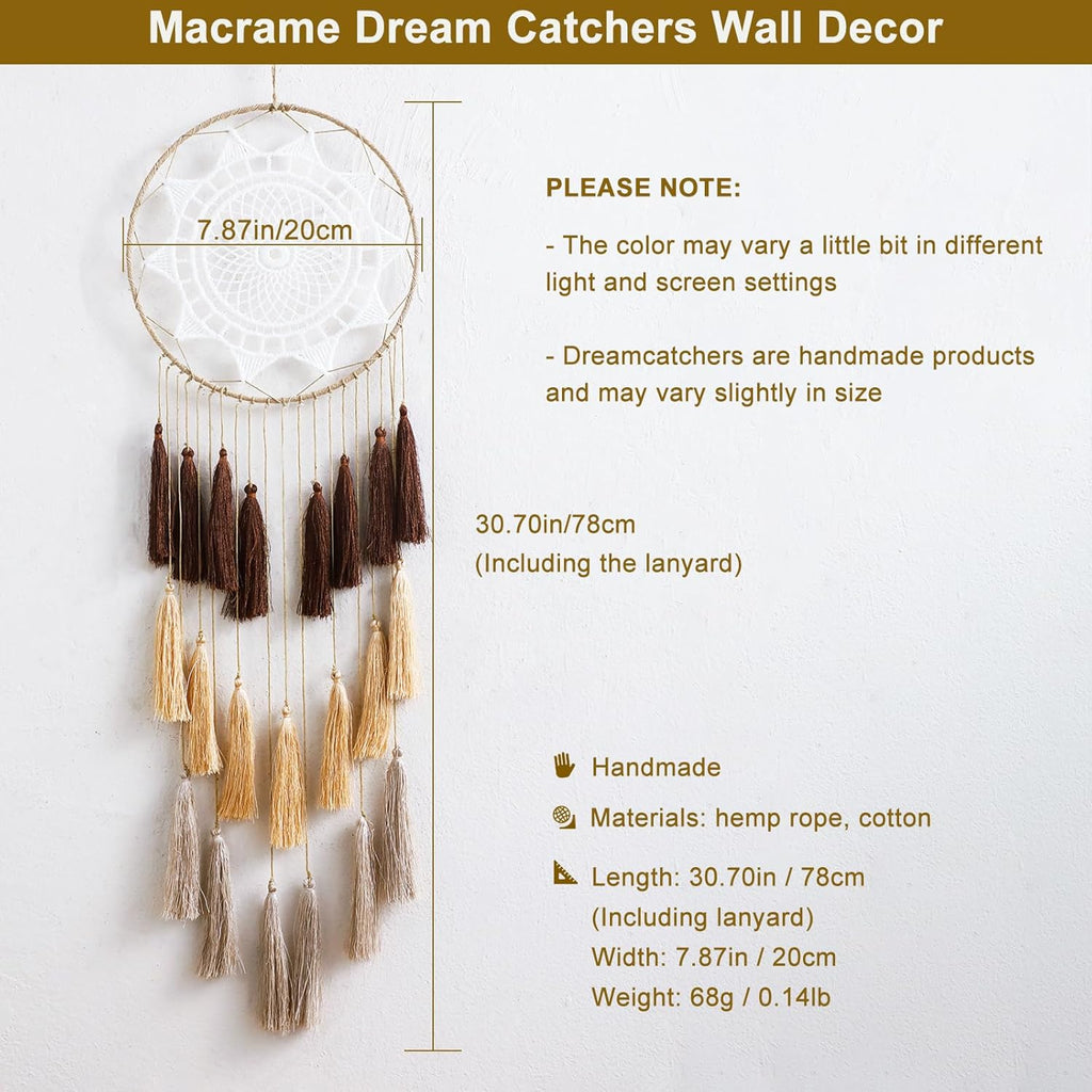 Macrame Dream Catcher Wall Hanging, Large Boho Room Decor | Handmade Tassel Feather Ornament, Natural Cotton, Modern Chic Living Room Nursery Art Decor, Blessing Gift for Women Girls
