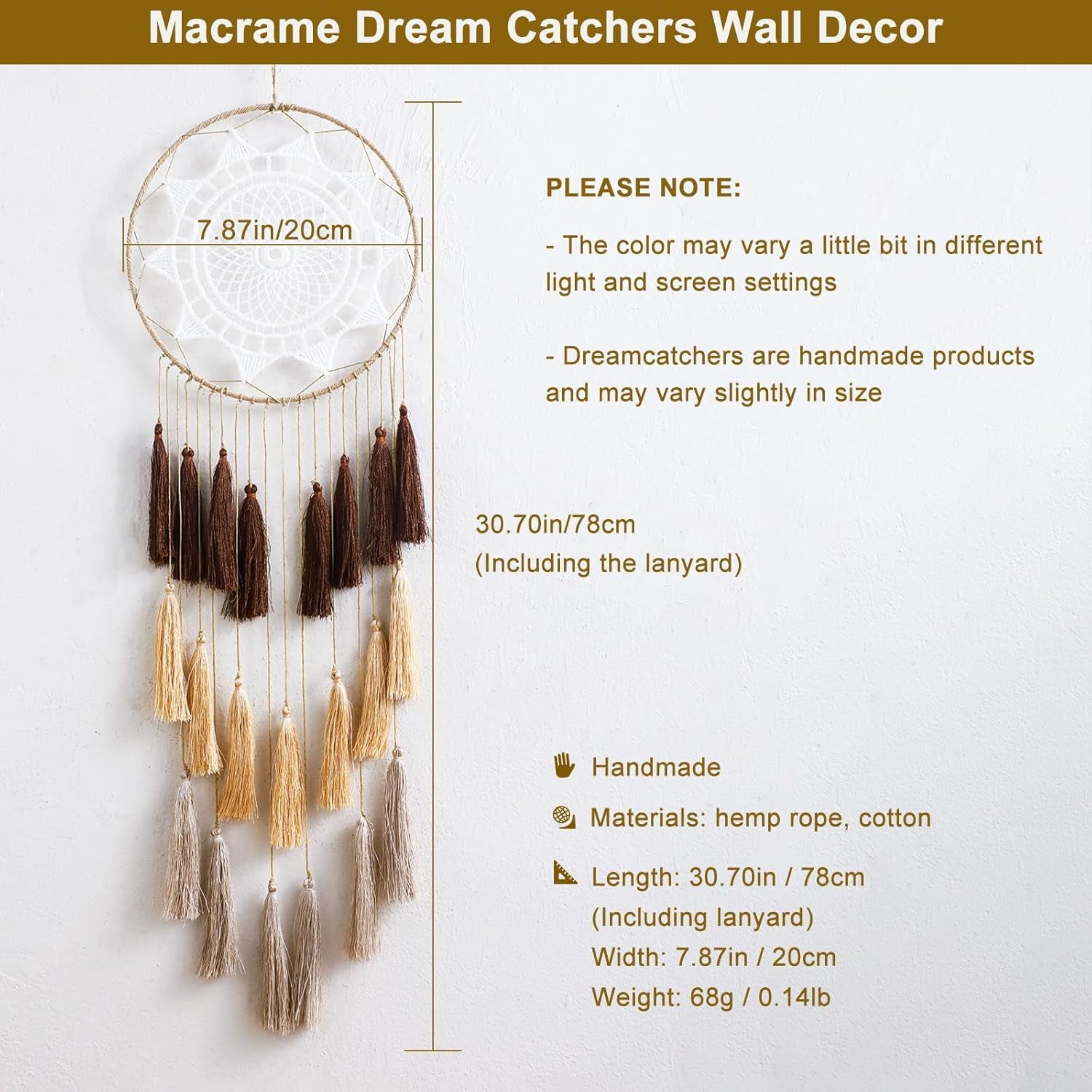 Macrame Dream Catcher Wall Hanging, Large Boho Room Decor | Handmade Tassel Feather Ornament, Natural Cotton, Modern Chic Living Room Nursery Art Decor, Blessing Gift for Women Girls