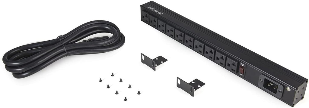 Startech 10-Outlet 1U PDU, 125V/16A, UL, 8Ft Cord, TAA (RKPW101920) | NEMA 5-20P Input, 10X NEMA 5-15/20R Outlets, 20A Breaker, Front Switch, Fits 2-Post and 4-Post Racks
