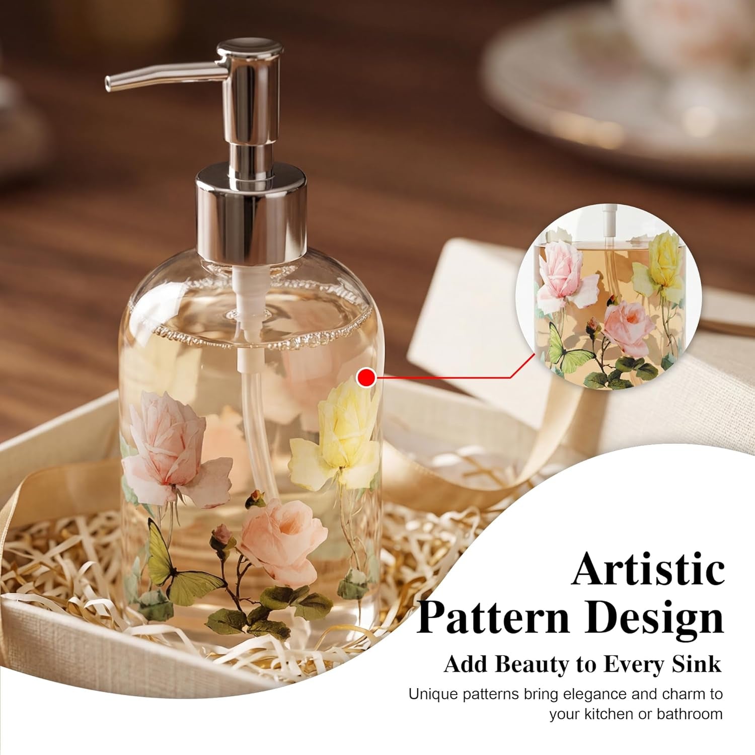 17Oz Glass Soap Dispenser with Pump, Hand Soap Dispenser | Refillable for Bathroom & Kitchen, Vintage Rose & Butterfly Floral Design, Decorative Farmhouse Countertop Decor