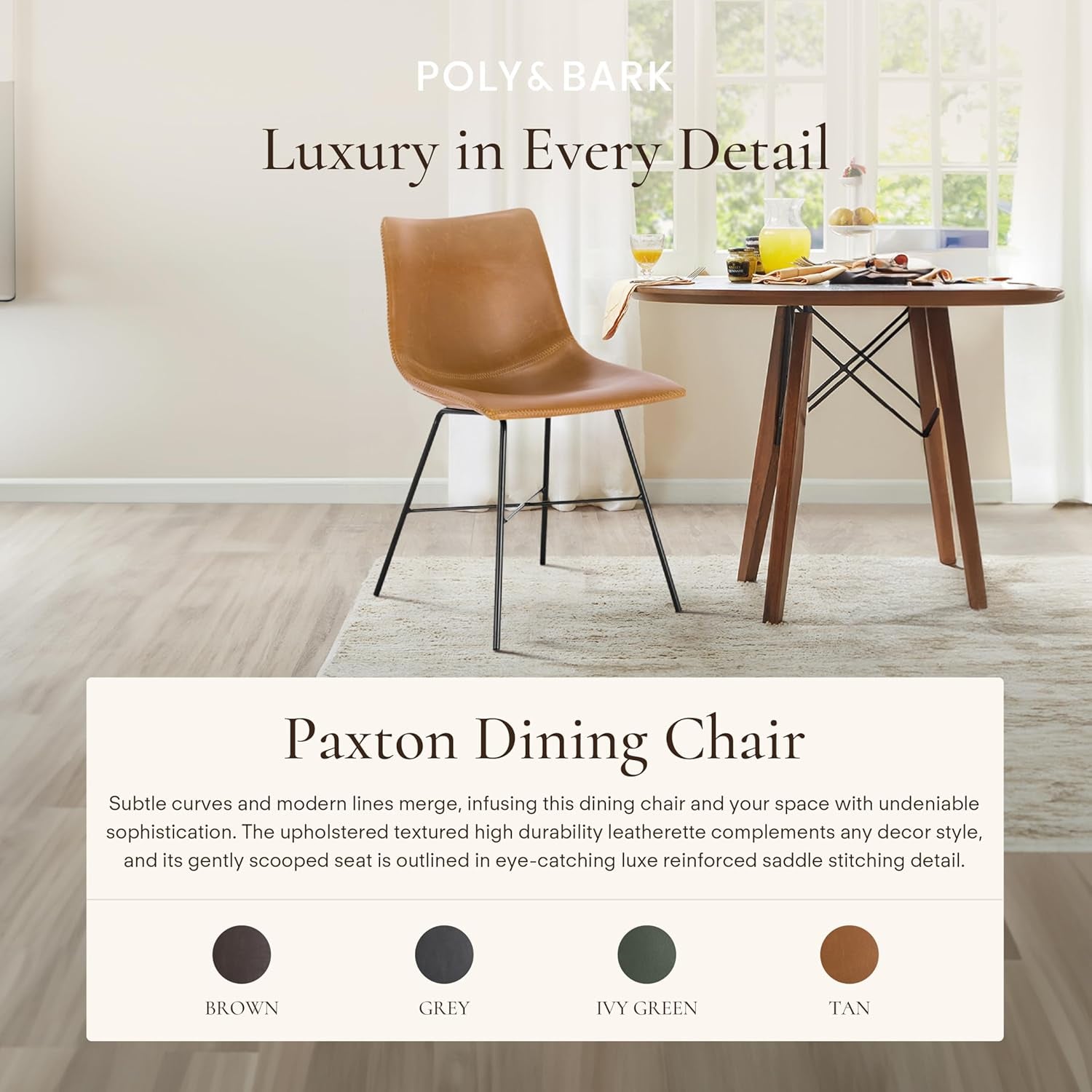 POLY & BARK Paxton Leather Dining Chairs – Set of 2 Modern Dining Room Chairs with Low Back – Faux Leather Upholstery and Matte Black Steel Base – Comfortable Seating for Stylish Interiors – Tan
