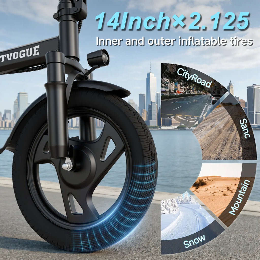 【Voltvogue-Ladped】 Electric Bike | 750W Peak Power | Top Speed 22 MPH | 14" Pneumatic Tires | 22–40 Mile Range | Dual Seat | Single Brake Lever | Height Adjustable Seat【 VT14】