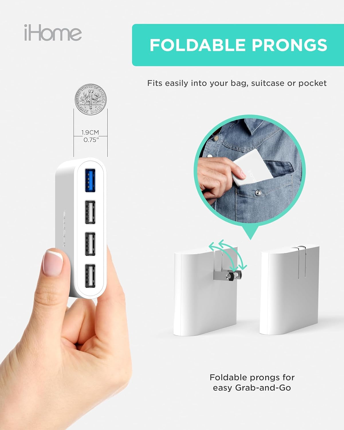 Slim 4-Port USB Wall Charger, Flat Multiport Travel Plug Adapter | Foldable Prongs, 2.4A Rapid Charge Port, Charges Iphone, Android, Ipad, Airpods, Travel-Friendly, Charging Block for Home Use