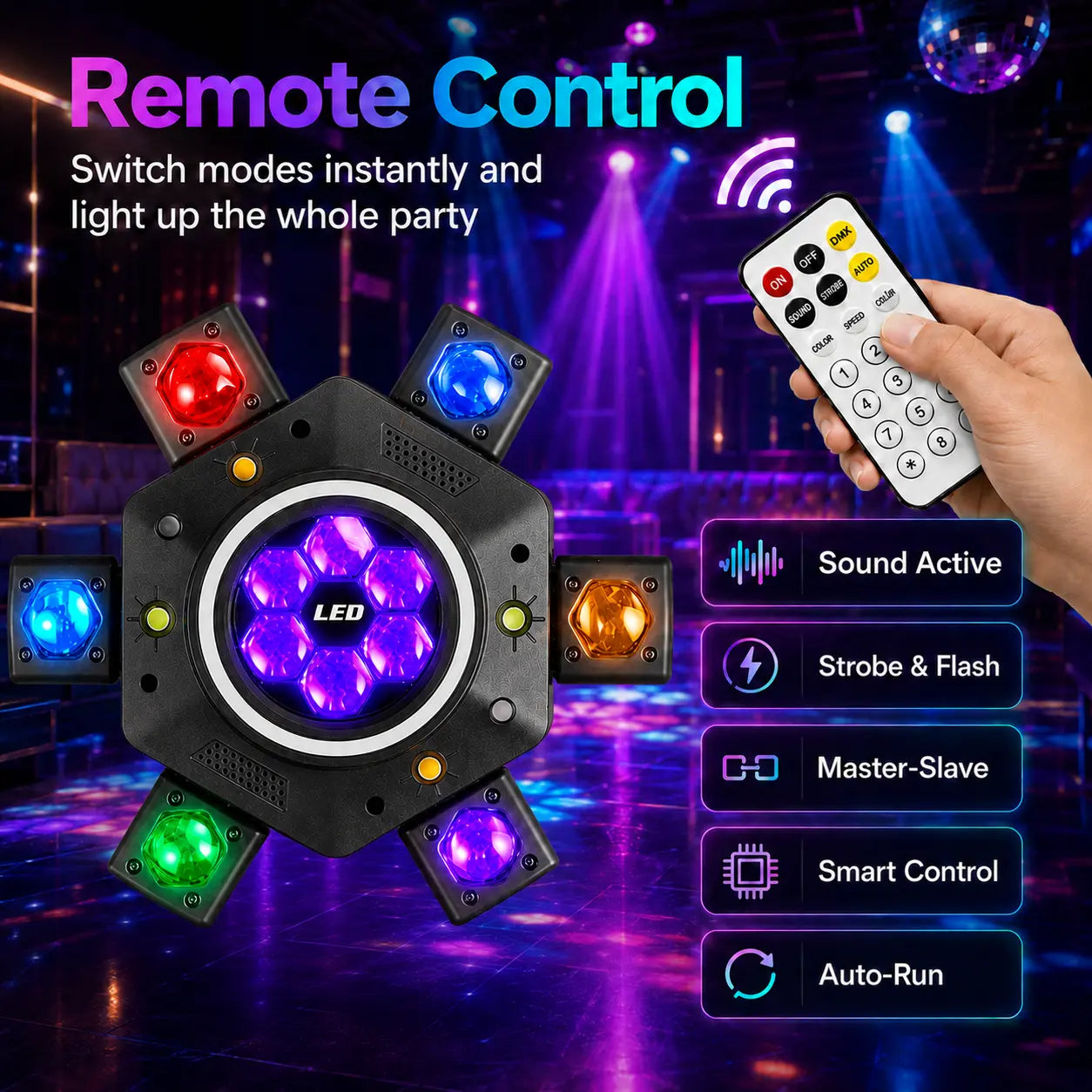[NEW] XDV 6-Eye 6-Arm 150W RGBW Moving Head Party Light - Sound-Active DJ Light with Red, Green Laser, White, Gold Strobe, Remote Control for Home Parties, Birthdays, Holidays,Halloween Day
