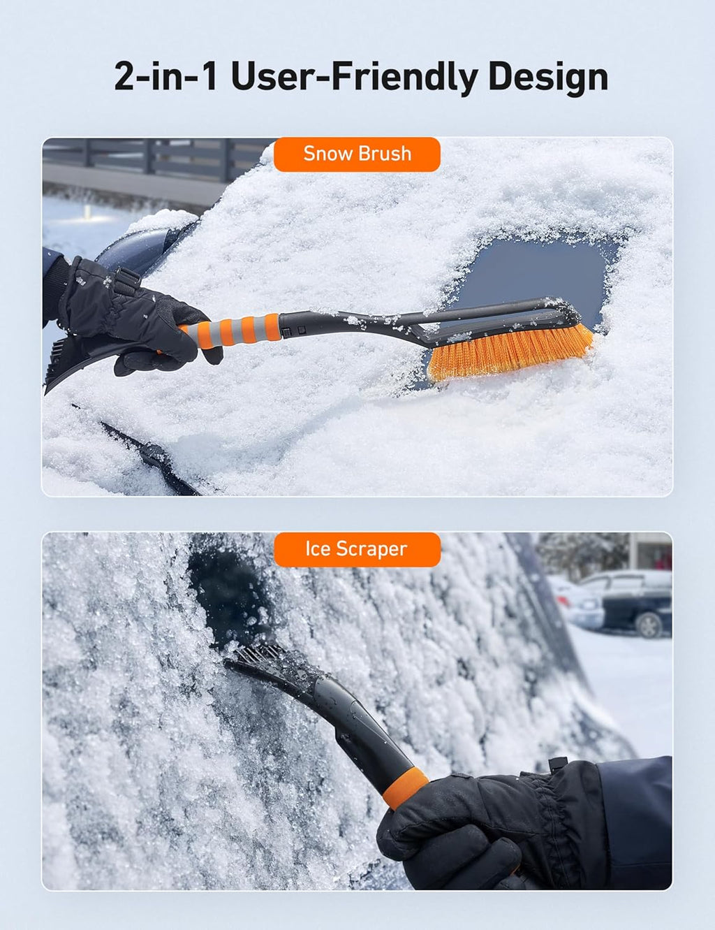 27" 2-In-1 Detachable Snow Brush & Ice Scrapers for Car Windshield | Snow Removers with No-Scratch Bristles, Ergonomic Handles & Easy Storage, Winter Accessories for Cars, Suvs, Trucks (Orange)