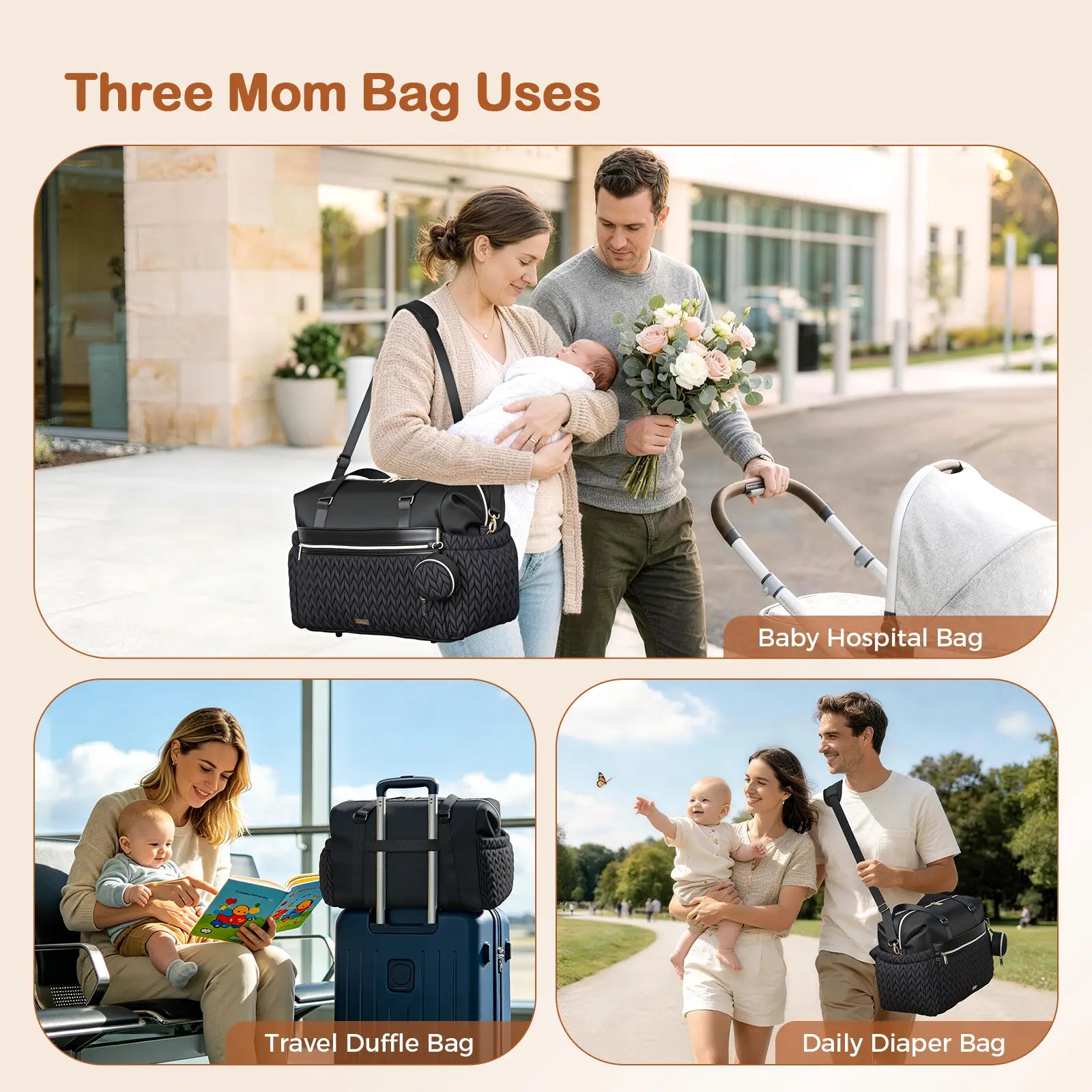 Lekesky Diaper Bag Tote for Mom, 37L Large Diaper Tote Bag, Baby Hospital Bag for Women Labor Delivery, Travel Diaper Bag with Changing Pad, Pacifier Case, Insulated Pockets, Luggage Sleeve