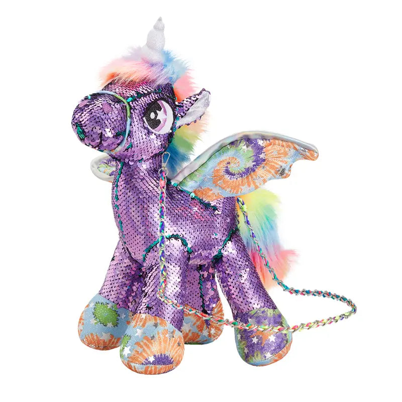 WEWILL 15" Sequin Unicorn Stuffed Animal Toy, Reversible Rainbow Sequin Plush with Hidden Pocket and Crossbody Strap, Gift for Girls