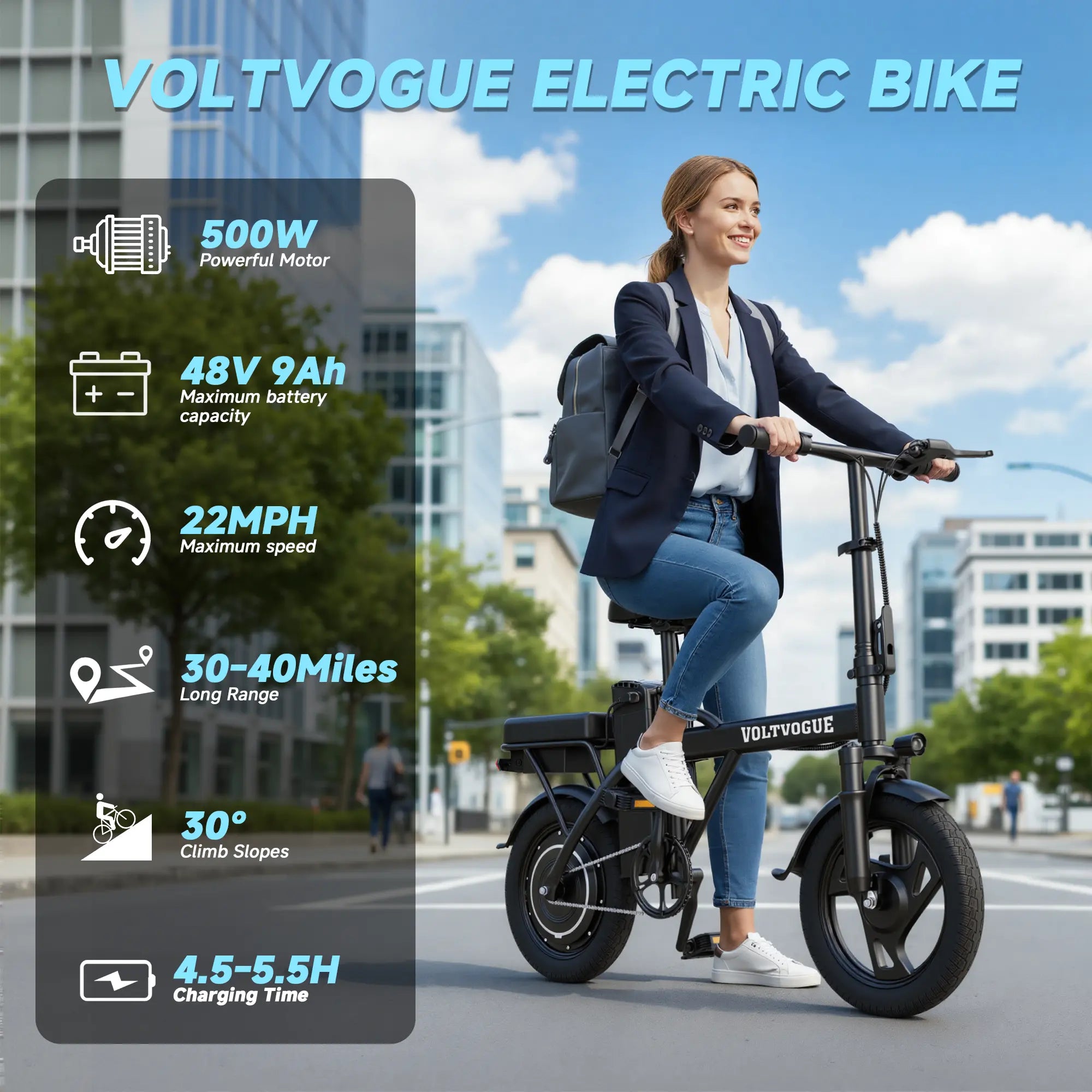 【Voltvogue-Ladped】 Electric Bike | 750W Peak Power | Top Speed 22 MPH | 14" Pneumatic Tires | 22–40 Mile Range | Dual Seat | Single Brake Lever | Height Adjustable Seat【 VT14】