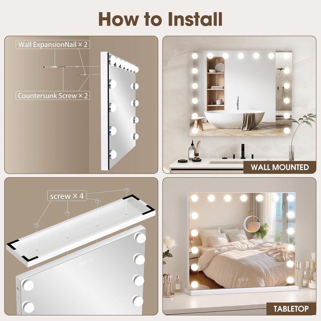 Vanity Mirror with Lights,Makeup Mirror with 17 Dimmable LED Bulbs, 3 Color Lighting Modes Detachable 10X Magnification Mirror Touch Control, 23.6X19,7 Inch, White