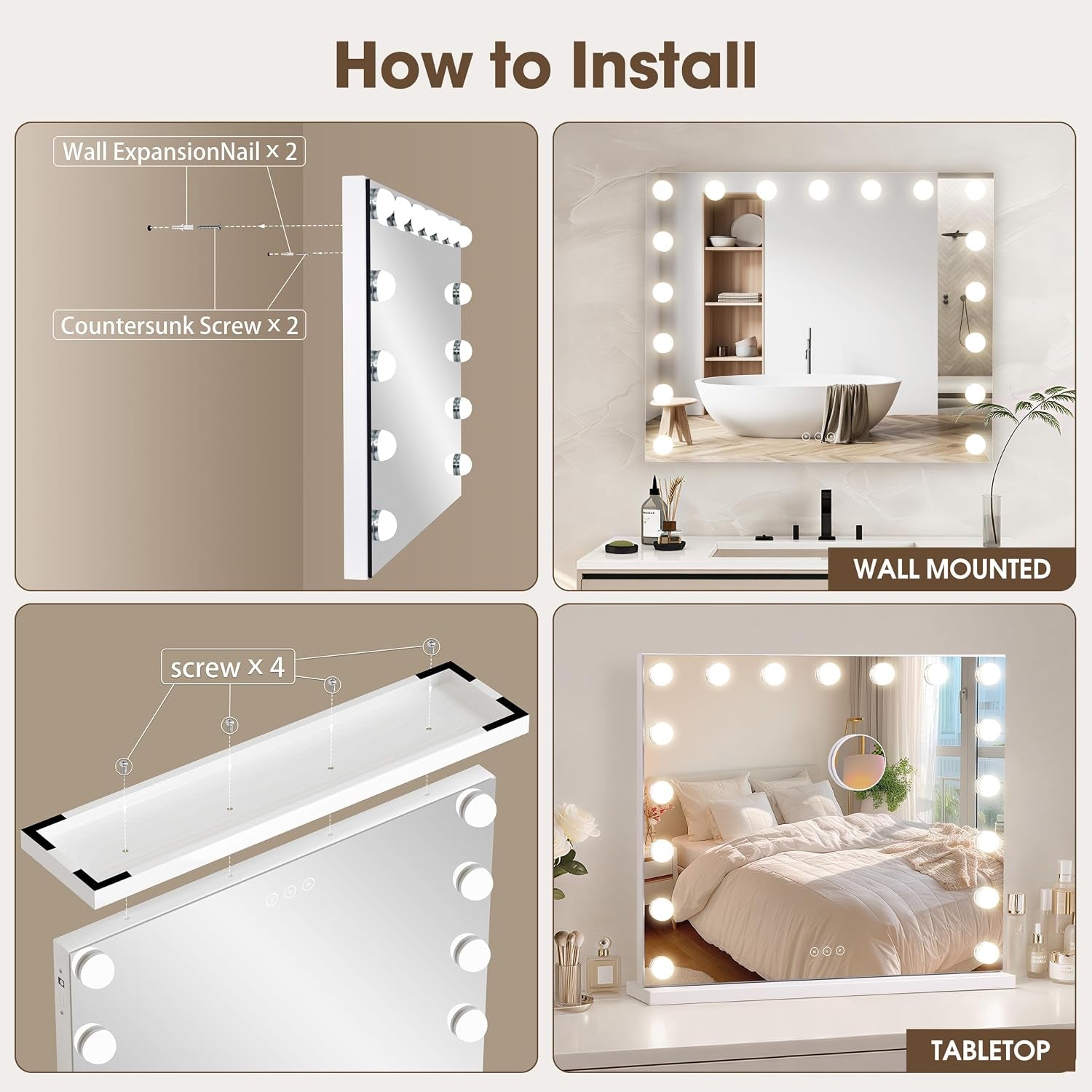 Vanity Mirror with Lights,Makeup Mirror with 17 Dimmable LED Bulbs, 3 Color Lighting Modes Detachable 10X Magnification Mirror Touch Control, 23.6X19,7 Inch, White