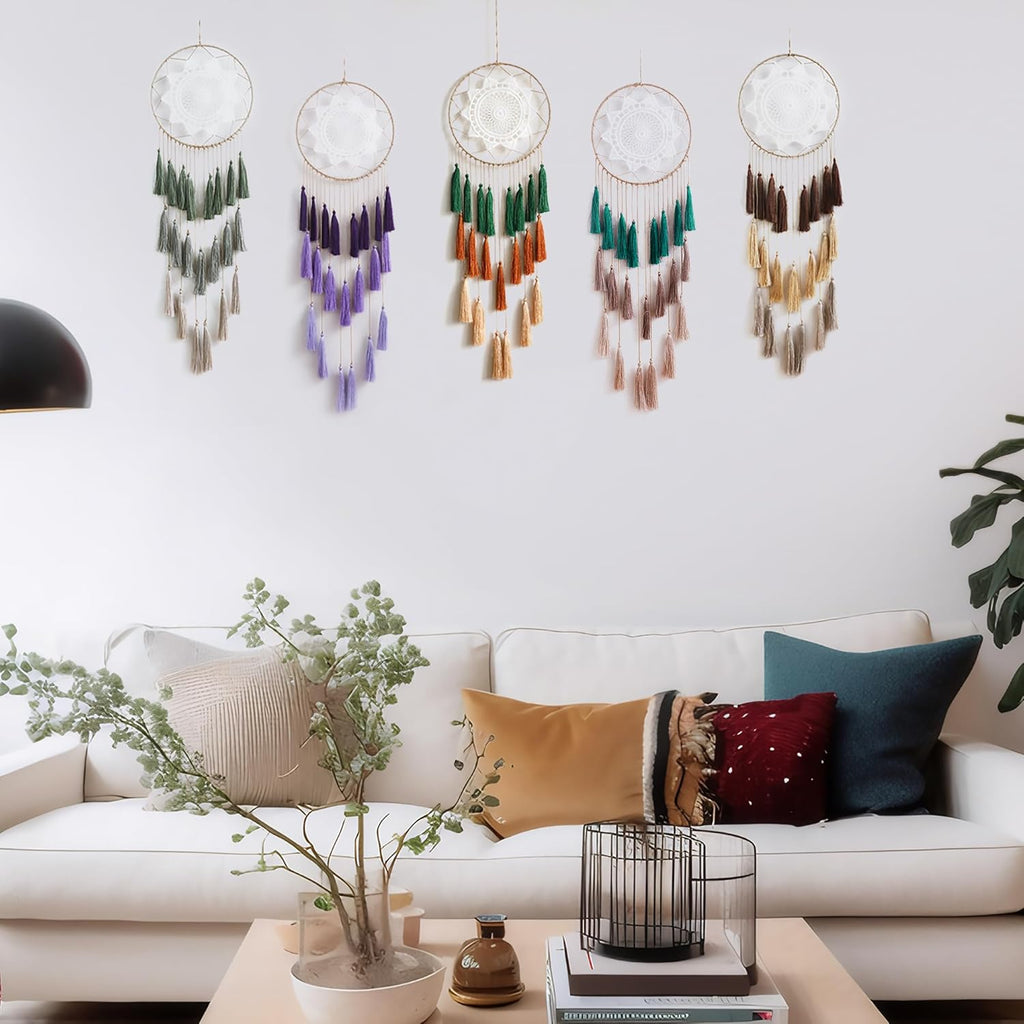 Macrame Dream Catcher Wall Hanging, Large Boho Room Decor | Handmade Tassel Feather Ornament, Natural Cotton, Modern Chic Living Room Nursery Art Decor, Blessing Gift for Women Girls