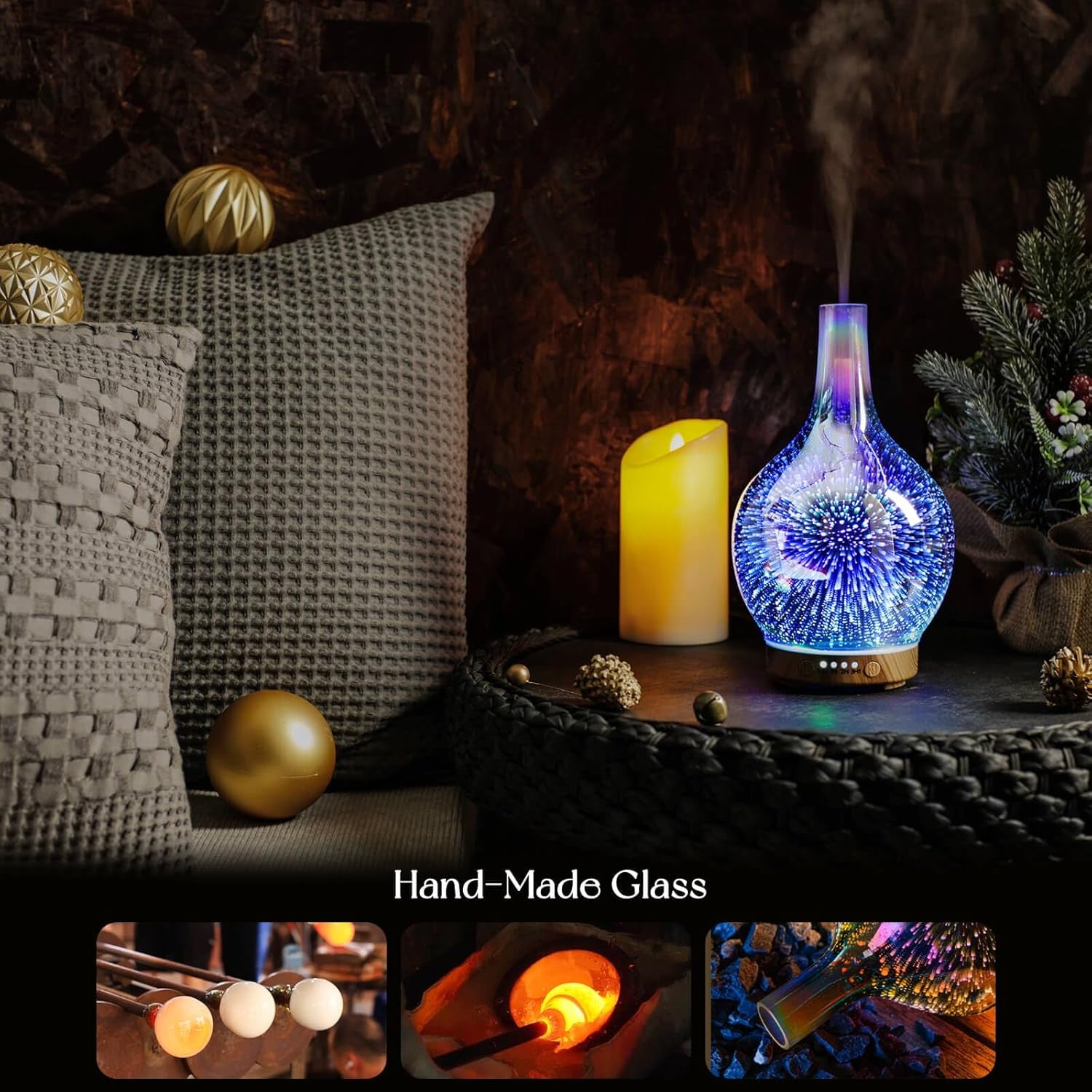 150Ml Handmade Essential Oil Diffuser 6H Runtime | Handmade Glass Aroma Diffuser, 7-Color LED Light, Quiet Operation, Auto Shut-Off, Aromatherapy for Home, Bedroom and Gifts