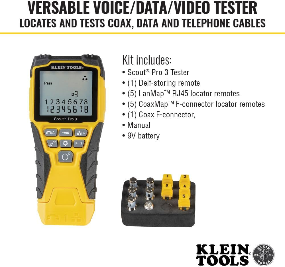 Klein Tools VDV501-851 Cable Tester Kit with Scout Pro 3 for Ethernet / Data, Coax / Video and Phone Cables, 5 Locator Remotes