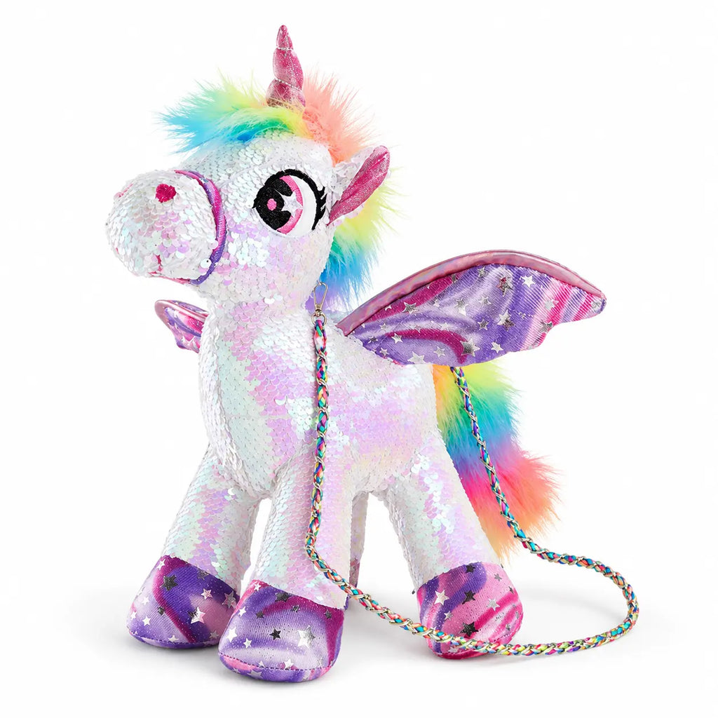 WEWILL 15" Sequin Unicorn Stuffed Animal Toy, Reversible Rainbow Sequin Plush with Hidden Pocket and Crossbody Strap, Gift for Girls