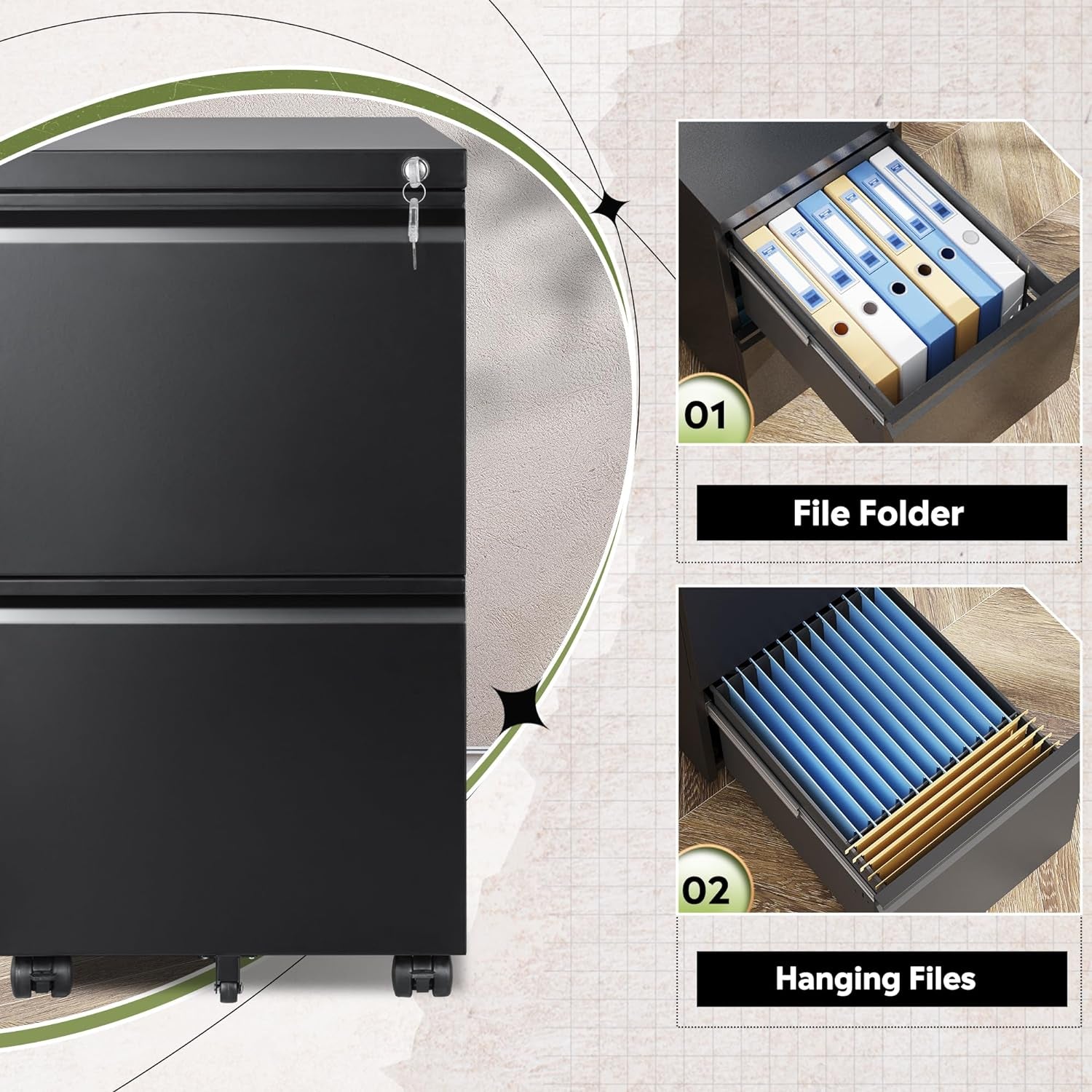 2 Drawer Metal File Cabinet, Fully Assembled Filing Cabinet | under Desk Mobile File Cabinet with Lock for Home Office, Fits Letter/Legal/A4 Size Files, Black