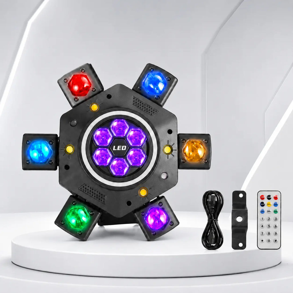 [NEW] XDV 6-Eye 6-Arm 150W RGBW Moving Head Party Light - Sound-Active DJ Light with Red, Green Laser, White, Gold Strobe, Remote Control for Home Parties, Birthdays, Holidays,Halloween Day