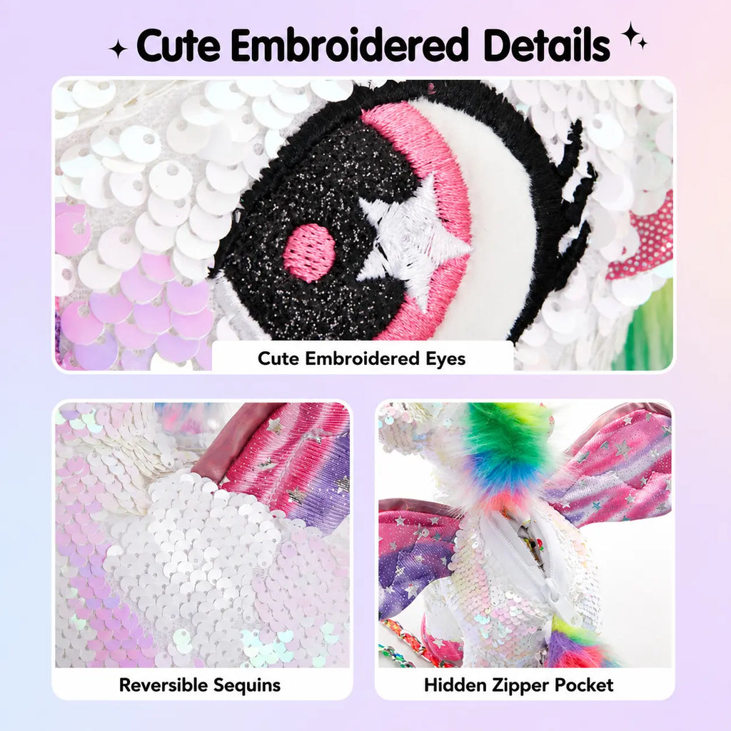 WEWILL 15" Sequin Unicorn Stuffed Animal Toy, Reversible Rainbow Sequin Plush with Hidden Pocket and Crossbody Strap, Gift for Girls