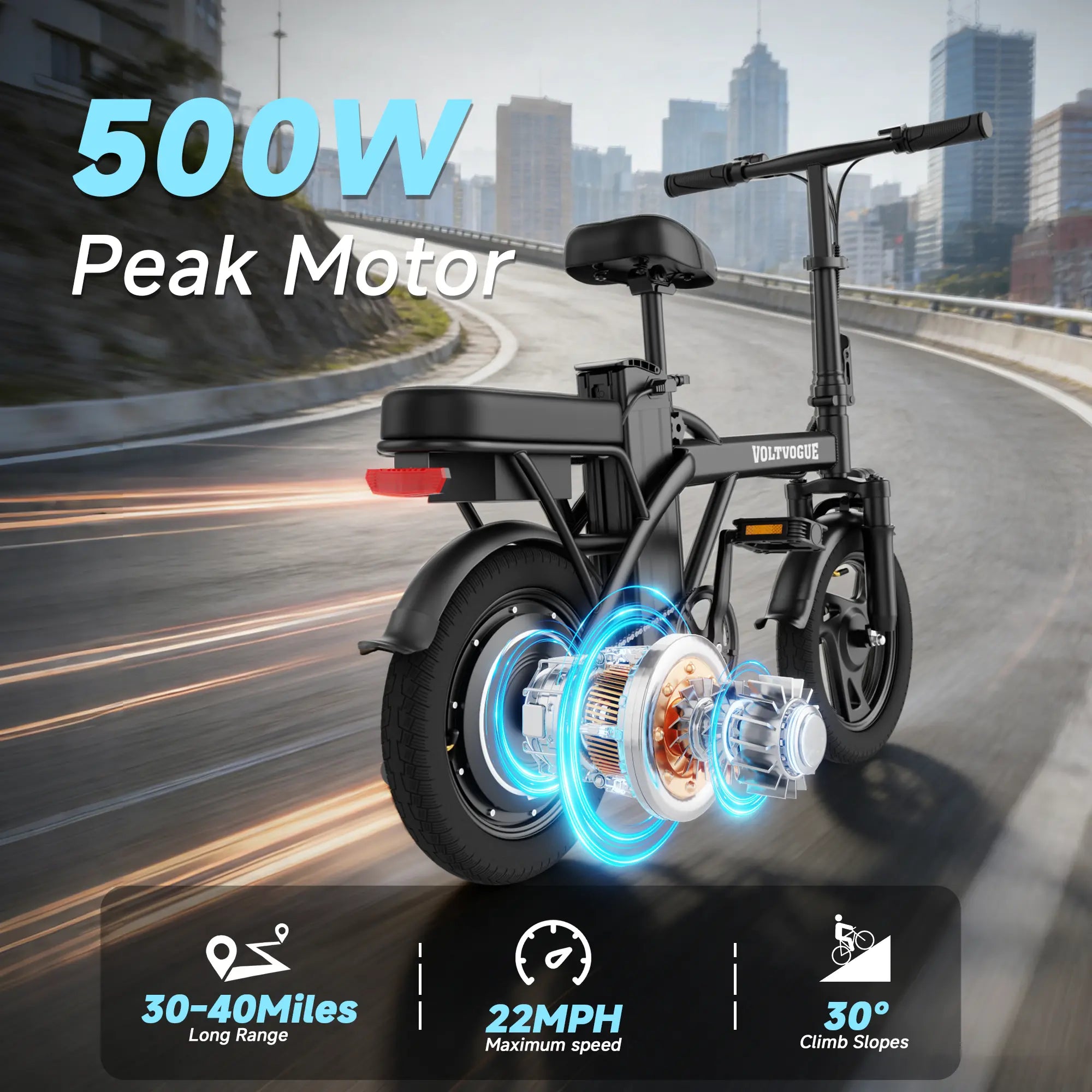 【Voltvogue-Ladped】 Electric Bike | 750W Peak Power | Top Speed 22 MPH | 14" Pneumatic Tires | 22–40 Mile Range | Dual Seat | Single Brake Lever | Height Adjustable Seat【 VT14】