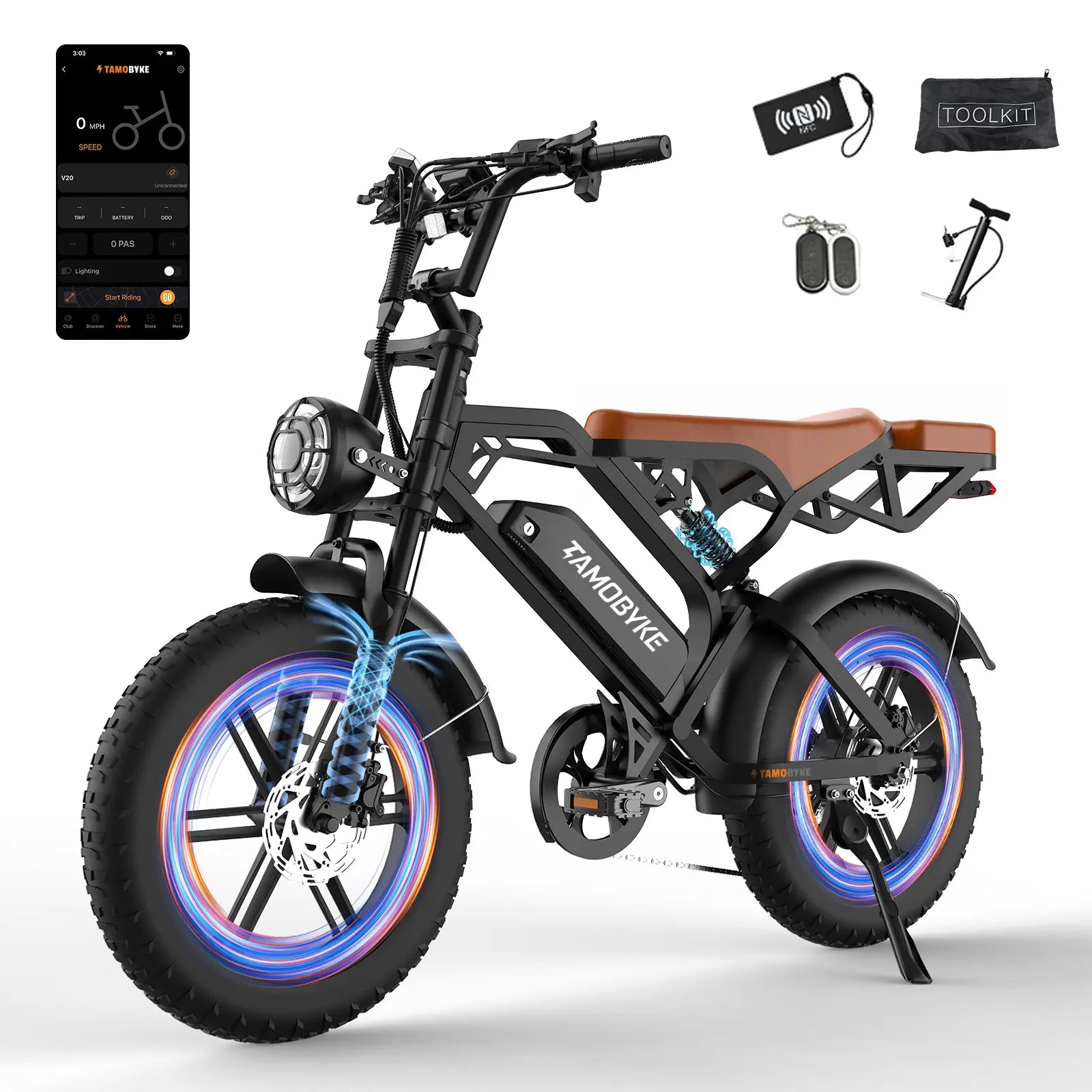 【NEW】TAMOBYKE Moped Style 1500W/2000W E-Bike,Max Speed 30Mph/34Mph,34-80Miles PAS Range,48V15.6Ah/20.8Ah Battery,Built-In Alarm,Color LCD Display, Support Cruise Control, Setting Speed Limit, NFC & Password Unlock, 20'' Fat Tire，Ul Safety Certified.