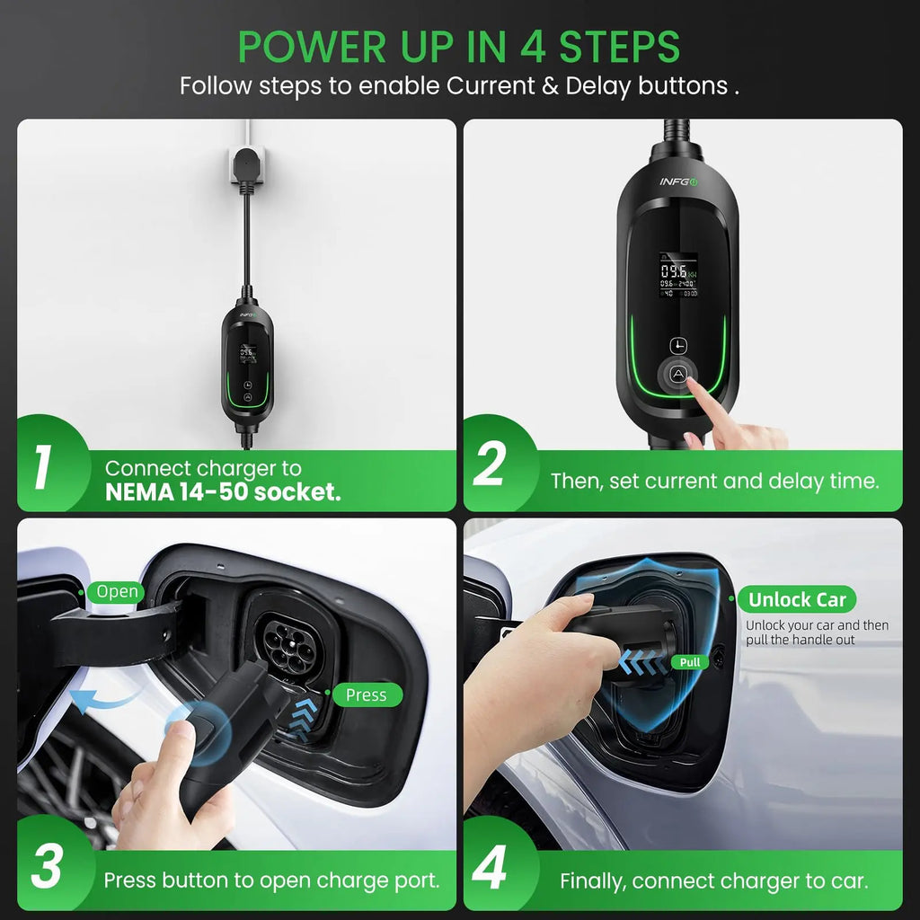 Portable Level 2 EV Charger - 40Amp Car Gadgets, 240V 9.6Kw High Efficiency Heavy Duty Fastcharging Vehicle Battery Charger, Adjustable Current, Timing Delay, NEMA 14-50 Plug, 25FT Cable for J1772 Bevs/Phevs