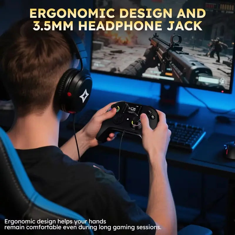 Wireless Interactive Screen Game Controller Compatible with for PC, PS4, Switch, Android, and Ios Devices, Featuring 4 Programmable Buttons, Rapid Fire Function, Six-Axis Gyroscope, Dual Vibration Feedback, and RGB Lighting